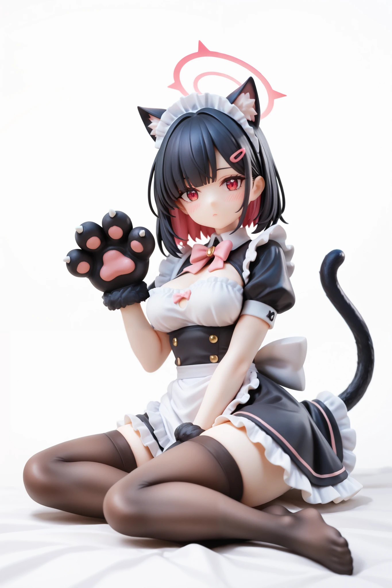 1girl,solo,colored inner hair,animal ears,thighhighs,animal hands,black hair,apron,cat ears,halo,tail,gloves,maid headdress,looking at viewer,paw gloves,breasts,short hair,multicolored hair,cat tail,black thighhighs,dress,pink hair,maid,sitting,red eyes,short sleeves,hair ornament,alternate costume,white background,blush,two-tone hair,black dress,yokozuwari,no shoes,bangs,hairclip,simple background,frills,cleavage,maid apron,medium breasts,enmaided,full body,white apron,cleavage cutout,extra ears,cat paws,frilled apron,puffy sleeves,thighs,bow,bowtie,puffy short sleeves,clothing cutout,