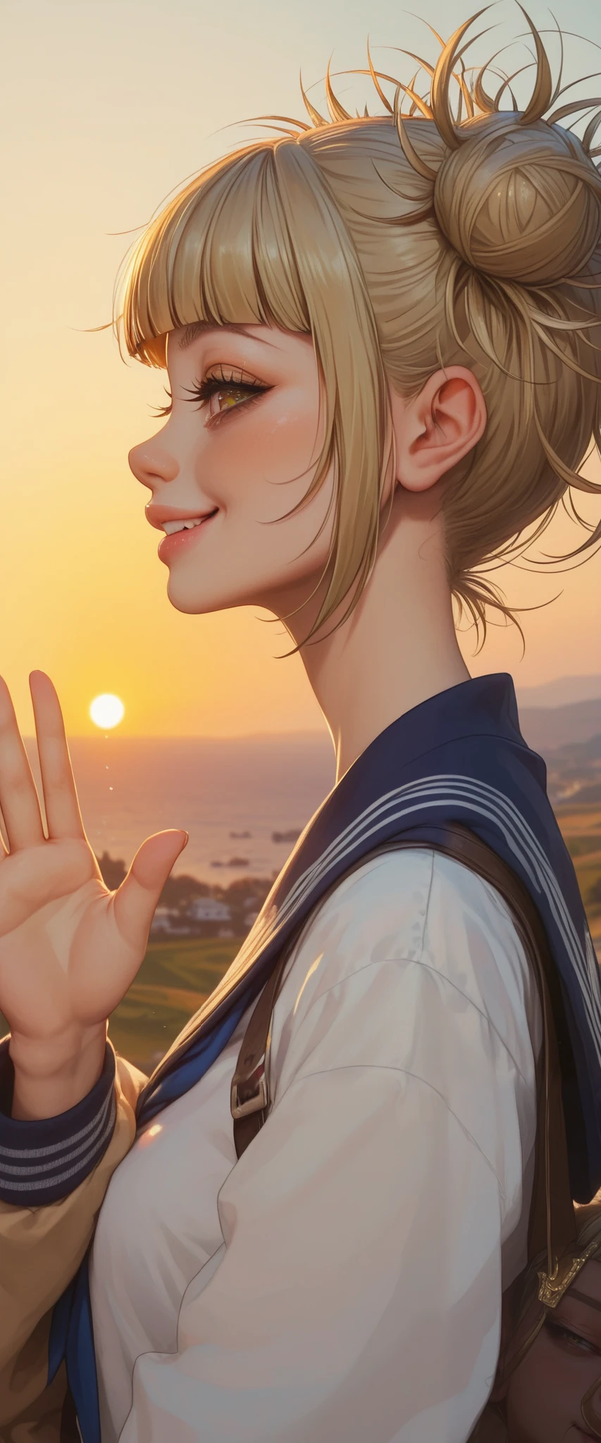 smiles and sun , a beautiful girl , half a profile smiling as the sun hits , face she covers herself with her hand to shade her face so that her face is not dazzled so that she is not dazzled by the sun, waving in the wind, Toga Himiko