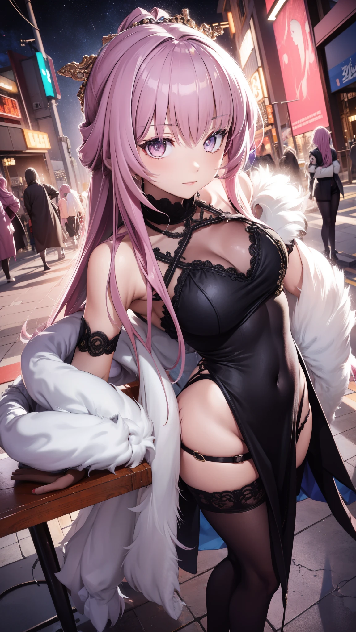 portrait, 1 Girl, pretty face , asymmetrical hair, Colorful hair, sash, Bodysuit , Cover your mouth, cover navel , separated sleeve , pink hair,grey eyes , hip vent , Slit Jacket, charming, watching the audience, Night City, neon , rain,