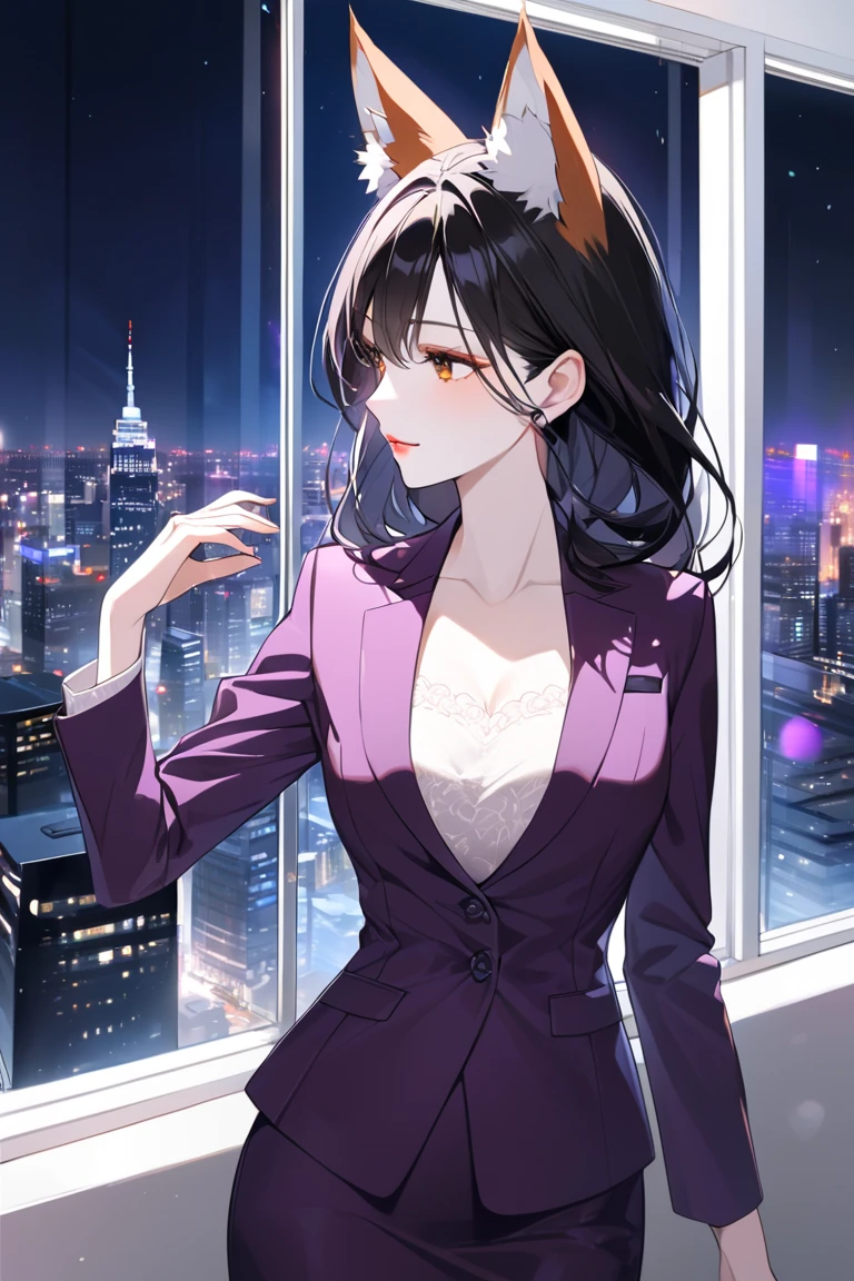 Female number in a purple suit , golden eyes and slender fox ears, The right size , Long black hair flowing down smoothly , White skin and graceful features , Lips with a soft smile , Gracefully swaying red fox tail , Refined silhouette , Modern office with purple lights , Night view of the city seen through a glass window