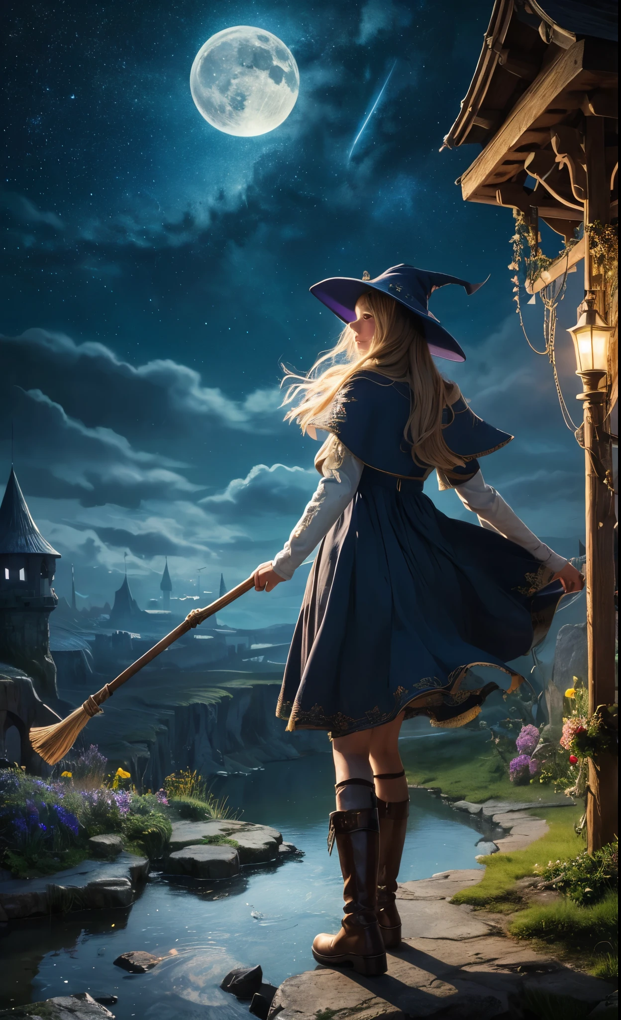 masterpiece, best quality, ultra-detailed, illustration, 1girl, solo, fantasy, flying, broom, night sky, outdoors, magic, spells, moon, stars, clouds, wind, hair, cape, hat, boots, broomstick, glowing, mysterious, enchanting, whimsical, playful, adventurous, , wonder, imagination, determination, skill, speed, movement, energy, realism, naturalistic, figurative, representational, beauty, fantasy culture, mythology, fairy tales, folklore, legends, witches, wizards, magical creatures, fantasy worlds, composition, scale, foreground, middle ground, background, perspective, light, color, texture, detail, beauty, wonder.