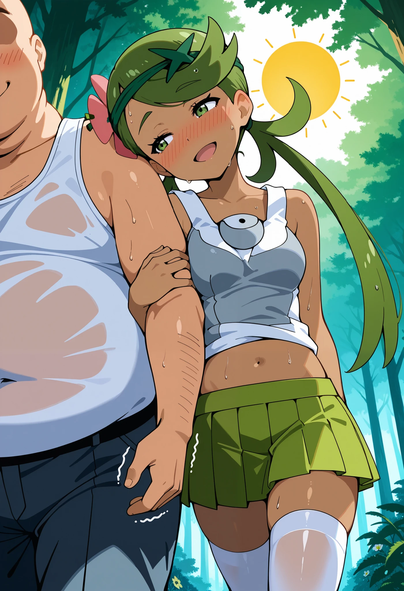 score_9, score_8_up, score_7_up, source_anime, mallow, 1girl, solo, long hair, bangs, hair ornament, twintails, green eyes, half-closed eyes, flower, green hair, hair flower, dark skin, dark-skinned female, swept bangs, mallow (pokemon), a tired face, smile, open mouth, looking away, head tilt, nose blush, blush, white tank_top, navel, yellow pleats skirt, white thighhighs,wet clothes, thighs, outdoor, forest, sun, bright lighting, wet hair, wet skin, weakly, walking, hug boy's arm, against boy's body, head on boy's shoulder, body shaking, 1girl,
1boy (fat man, faceless, walking from girl's side, arm pov), size difference, larger male. Dutch angle.
