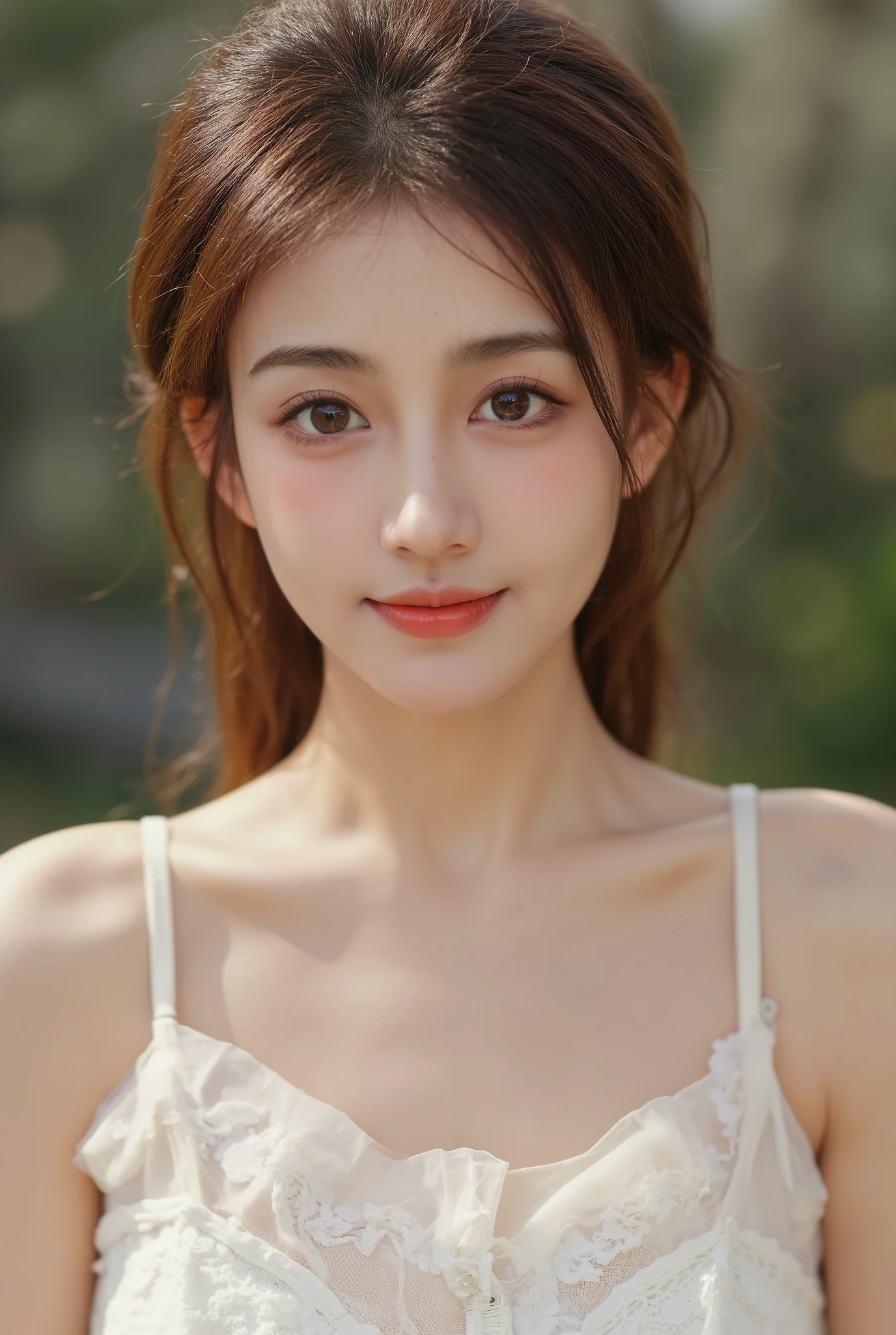 (on the table, best quality, realistically, super detailed, meticulous, High resolution, 8k wallpaper), Close-up portrait of a beautiful woman, like, Smile, light brown messy hair, Perfect dynamic composition, beautiful meticulous eyes, Just like the cover of a fashion magazine, on campus