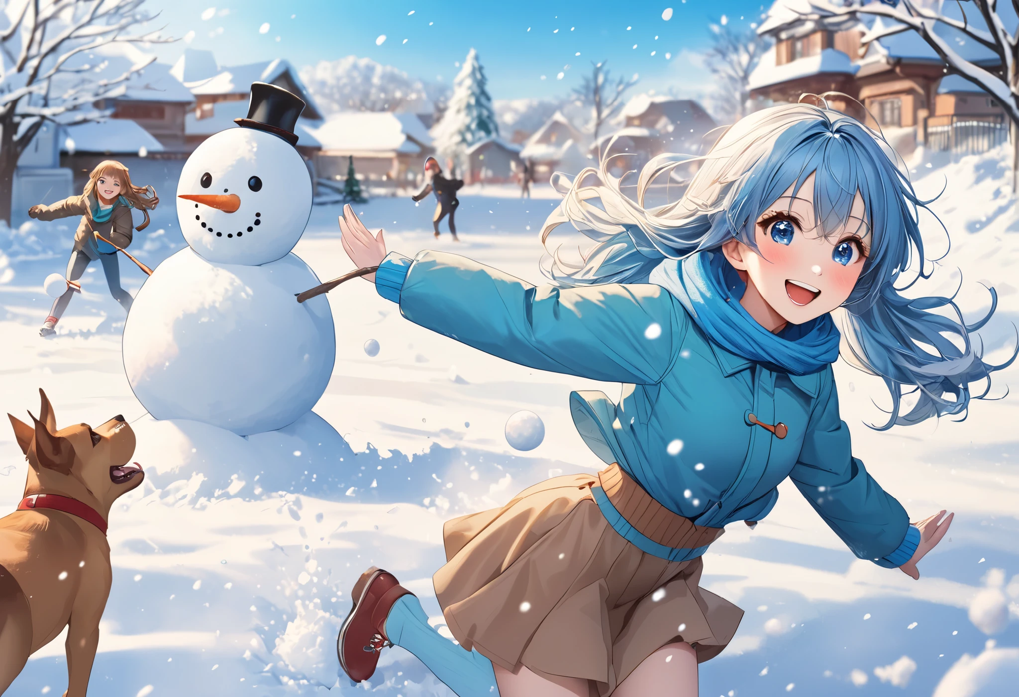  light blue long hair、 A beautiful girl with a twin hairstyle  、Brown down jacket、smile、  Snow Scenery  、  Having a fun snowball fight with her friends、 There is a snowman 、My dog looks happy too 