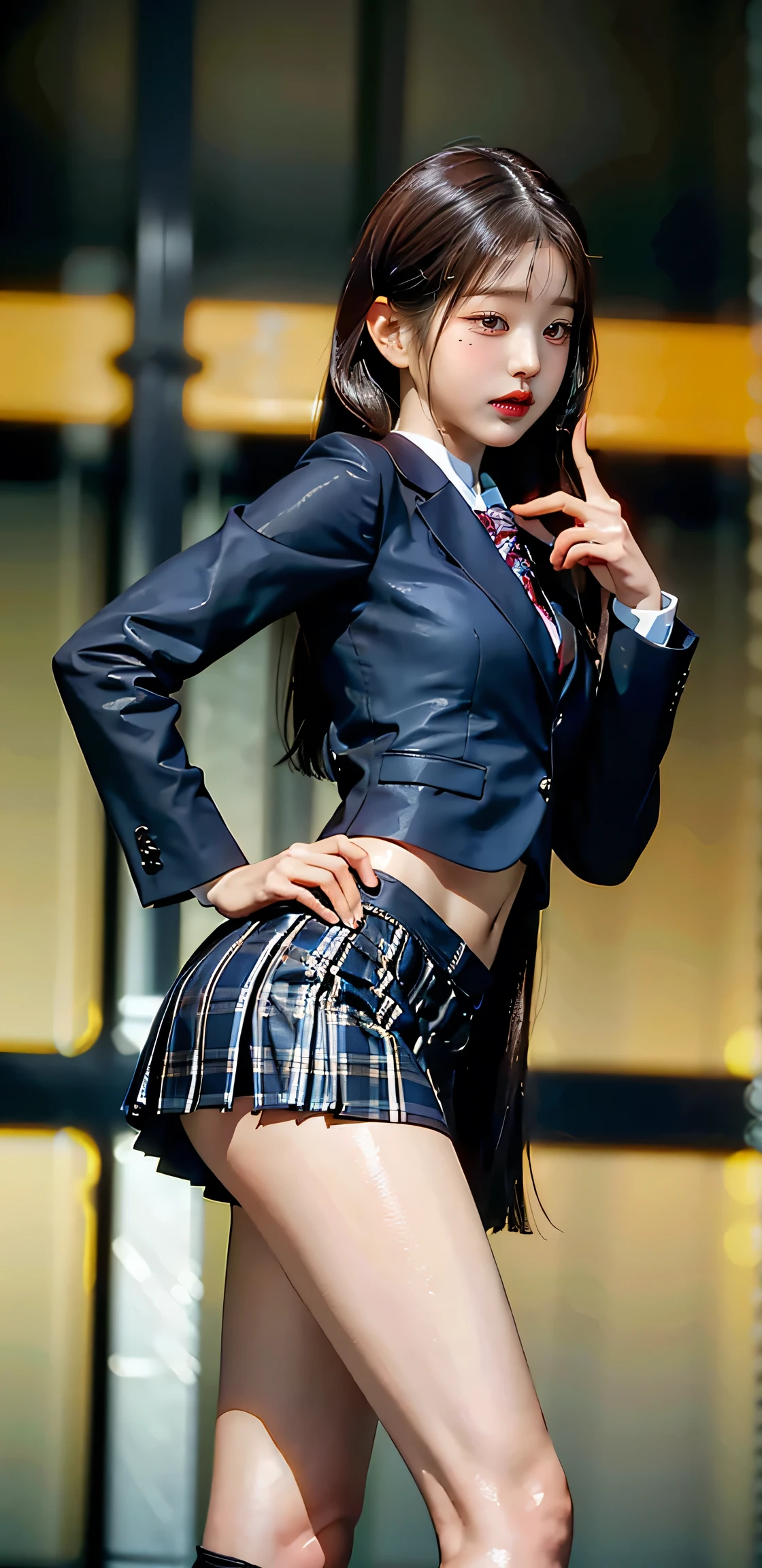 High school girl blazer、 uniform、Red checked knee-length skirt、Long skirt、JK Style、Jacket、smile、((white panties),  Knee-high socks、Thigh-high socks、pantyhose、super beauty、Super cute、ennui、Rare beauty、Black Dark Eyeshadow、Good skin glow、Long hair straightener、Dark Gothic Makeup、Dark Smile、Fragrant beauty、Stained glass background、Masterpiece、Best Quality、Refers to 5 books、Sweat glistening on chest、Sweat glistening on face、Small breasts、Golden Hair、Age 19 years old、Slightly slim、Mysterious look、Sweating profusely all over the body、A lot of sweat and light on the thighs、Shiny thighs、Plenty of sweat glistening on the thighs、A large amount of sweat glistens on thighs、Gal、japanese face、Alluring expression、(((Thick thigh)))、spread legs,  in a band、Live House Background、Open mouth、Live house scenery, Glamorous live stage、Dynamic Angle、Platform boots、Are standing、Hime cut hair、Gothloli 、from under stage, (((from below))), 