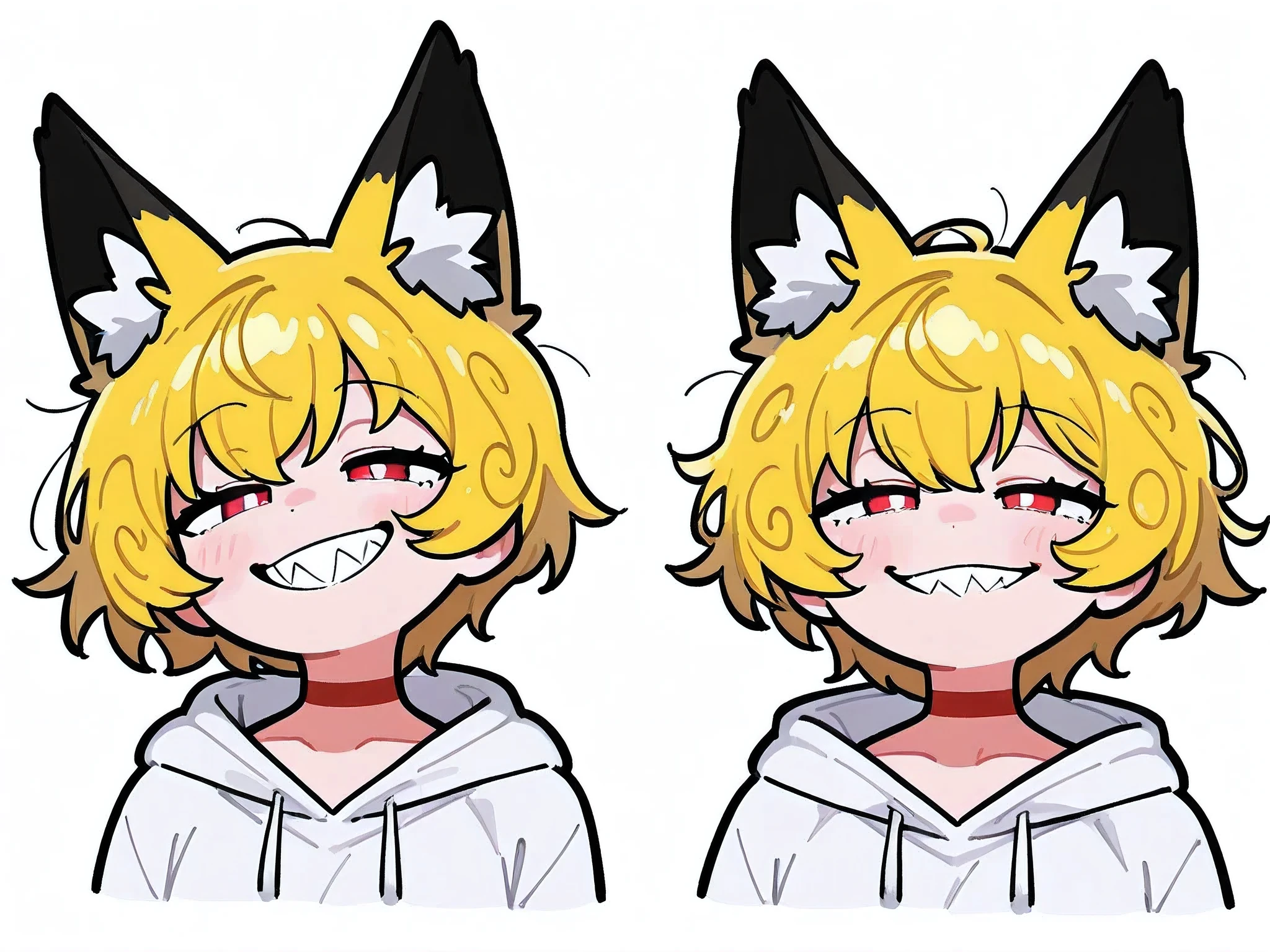 masterpiece, best quality , great quality, up to date, white background , on de, watching viewers with the harbor at night in the background 、 pretty girl, short hair as left eye、Perm、 yellow hair 、 character design style、 yellow hair 、Red eyes、 white hoodie、 fox ear、 Half Open Eyes 、 boyish、Curly hair、 Red Choker 、 jagged teeth、smile