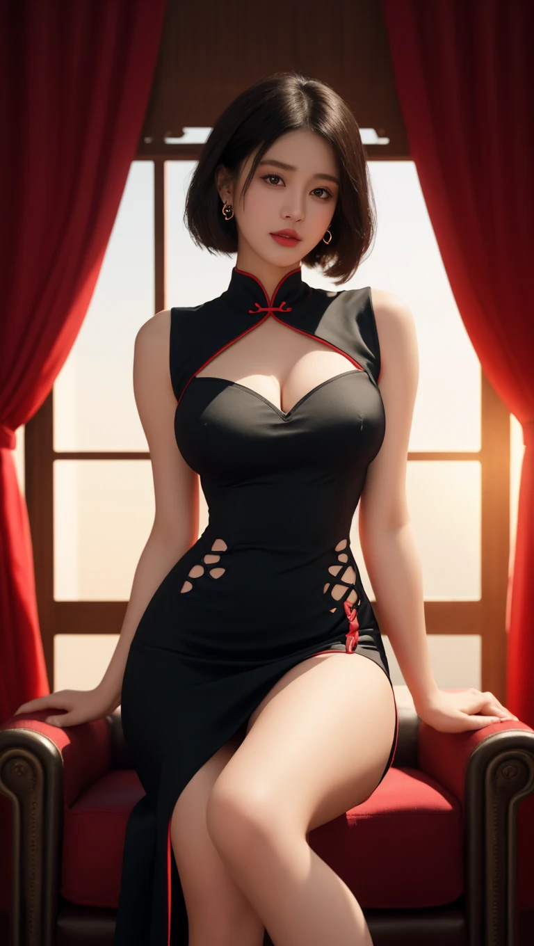 (RAW shooting:1.2)、(Photorealsitic:1.4)、(​masterpiece:1.3)、(top-quality:1.4)、(Beautiful woman with perfect body:1.4)、Japan Young Women、(very extremely beautiful:1.2)、(middlebreast:1.3)、(Slender and beautiful girl)、7headed body、(Sexy model pose with chest sticking out:1.3)、(beautifully detailed eyes)、(charming big eyes)、(beautiful double eyelid)、(beautiful and detailed face)、(Short Bob:1.3)、oblique bangs、Look at viewers、Face straight ahead、(Classy dresses、sleeveless:1.3)、(beautiful thigh)、