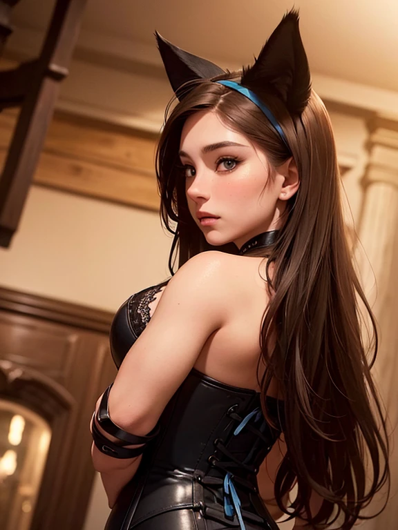 (masterpiece, best quality, RAW photo, realistic),14-year-old girl with long reddish brown hair, bangs, hair between eyes, posing seductively on a photoshoot, undressing, warm lighting, ((sexy black cat lingerie exposing breasts and genitals)), cat ears, naked, exposed chest, small boobs, exposed genitalia, beach, ((blue eyes)), pubic hair, ((flat chest, smallest breasts))