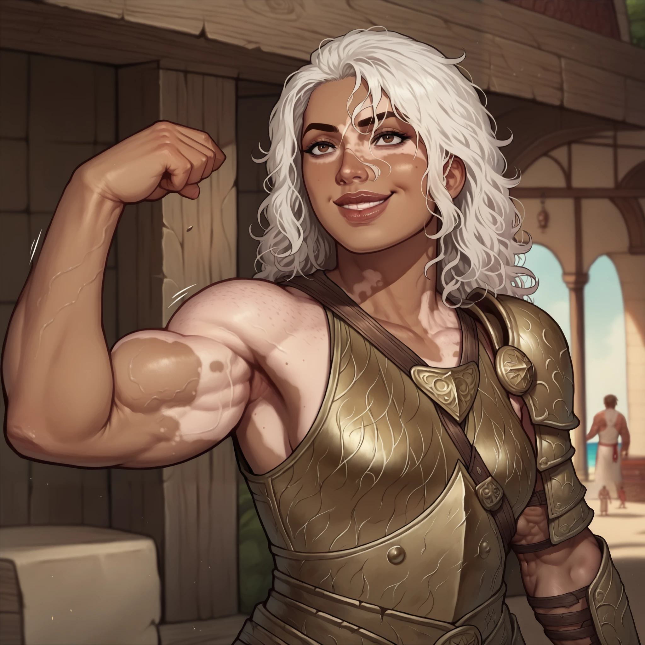 (((beautiful, high quality, comics style, detailed face))), score_9, score_8_up, score_7_up, BREAK, solo:1.6, human, 34yo woman, ((vitiligo skin, skin discoloration, body mark)) woman, brown eye, (((wide body, swoll, muscular, muscle))), (square face, high cheekbones, strong jaw line, thick lips), (flat nose, dark skin, dark-skinned), white hair, messy wavy hair, ((grim smile)), wears a brown leather armor, (fighting stance, motion lines), ((looking to the viewer)), outdoor, fantasy, beach background, blurred background, DeepNegative_xl_v1, detailxl, zPDXL3