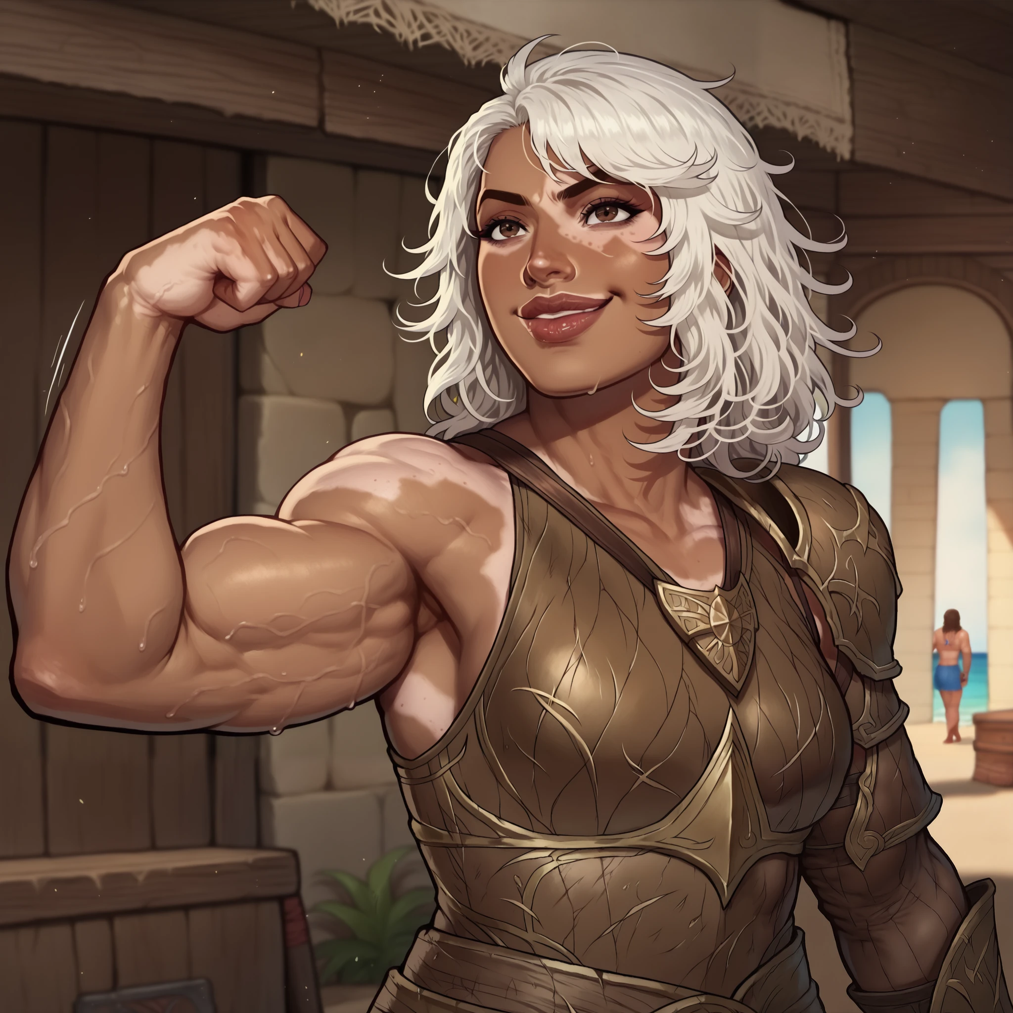 (((beautiful, high quality, comics style, detailed face))), score_9, score_8_up, score_7_up, BREAK, solo:1.6, human, 34yo woman, ((vitiligo skin, skin discoloration, body mark)) woman, brown eye, (((wide body, swoll, muscular, muscle))), (square face, high cheekbones, strong jaw line, thick lips), (flat nose, dark skin, dark-skinned), white hair, messy wavy hair, ((grim smile)), wears a brown leather armor, (fighting stance, motion lines), looking to the viewer, outdoor, fantasy, beach background, blurred background, DeepNegative_xl_v1, detailxl, zPDXL3