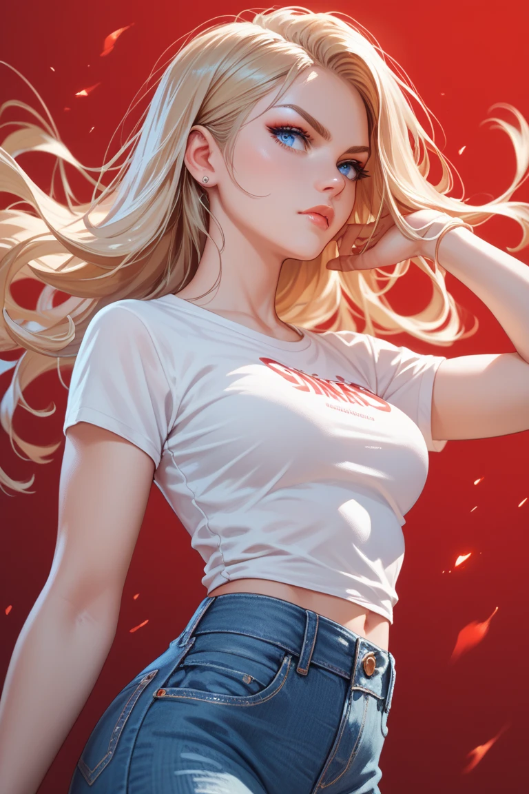 teens girl，silver-white long hair，By bangs，red pupils，denim pant，T-shirt，