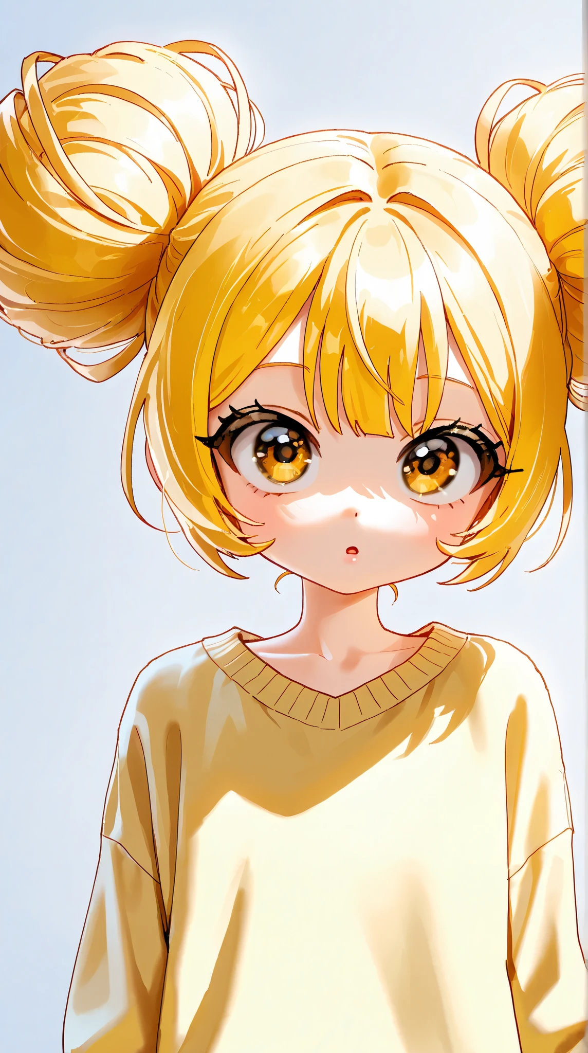 cartoonish character design, young korean girl, big eyes, cute expression, hairbuns, bright yellow loose sweater,portrait,interesting,clean lines,