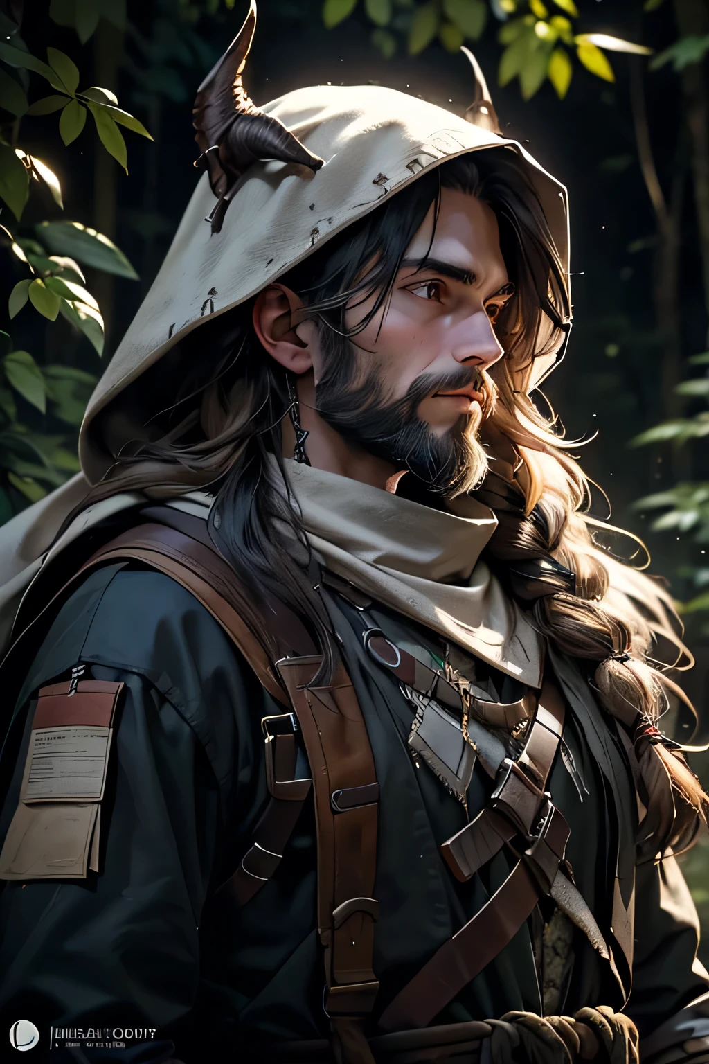 man, Long brown hair, bearded, medieval Druid Hunter ,  In the middle of a dense forest at night, hooded, medieval style, realistic,  ultra Detailed   