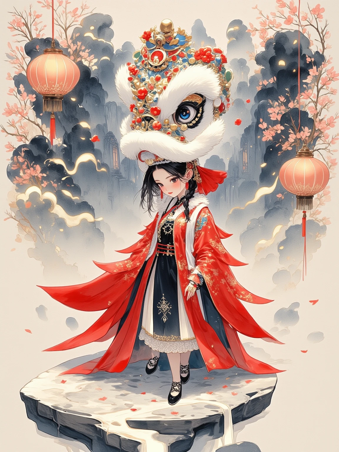 New Year illustration, ink painting, lion dance, 1girl, girl wearing traditional clothing and headdress, traditional New Year shoes, various New Year elements, full body, background illustration, ink wash painting, ink painting girl, the whole picture has a New Year atmosphere and festive feeling, meticulous painting combined with oil painting and ink painting, slightly grainy, matte texture, high-definition details, 8k resolution, showing story and style, brush texture, artistic conception, illustration painting, art, artistic creation, design, design creation, normal proportions, correct proportions, best quality, ink painting, complex artwork