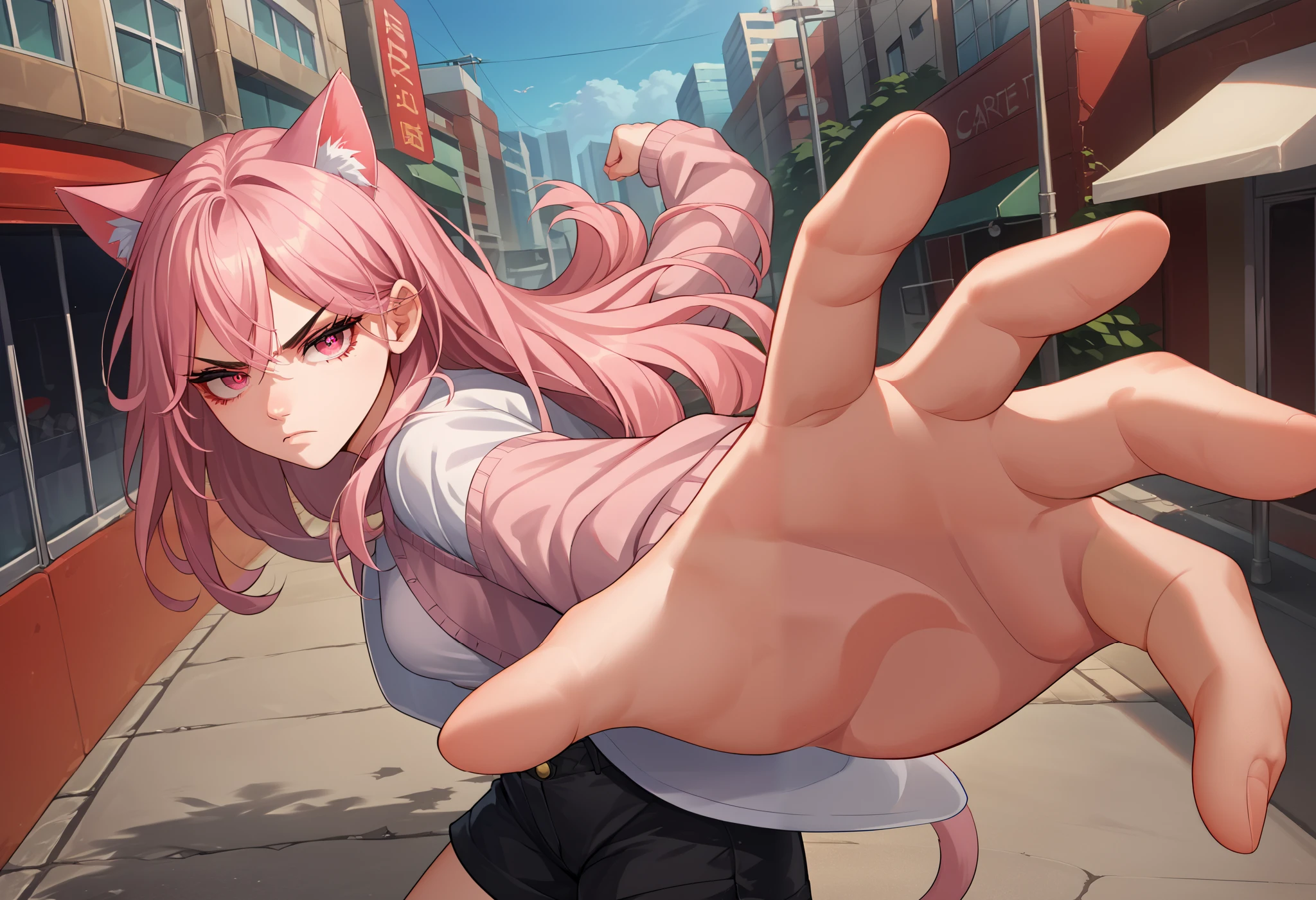 score_9, score_8_up, score_7_up, source_anime, solo, 1girl, junkotvvxl, serious, looking at viewer, IncrsPunchMeme, incoming punch, black long hair, red eyes, cat ears, pink eyes, open white shirt, long sleeves, black shorts, outdoors, city street