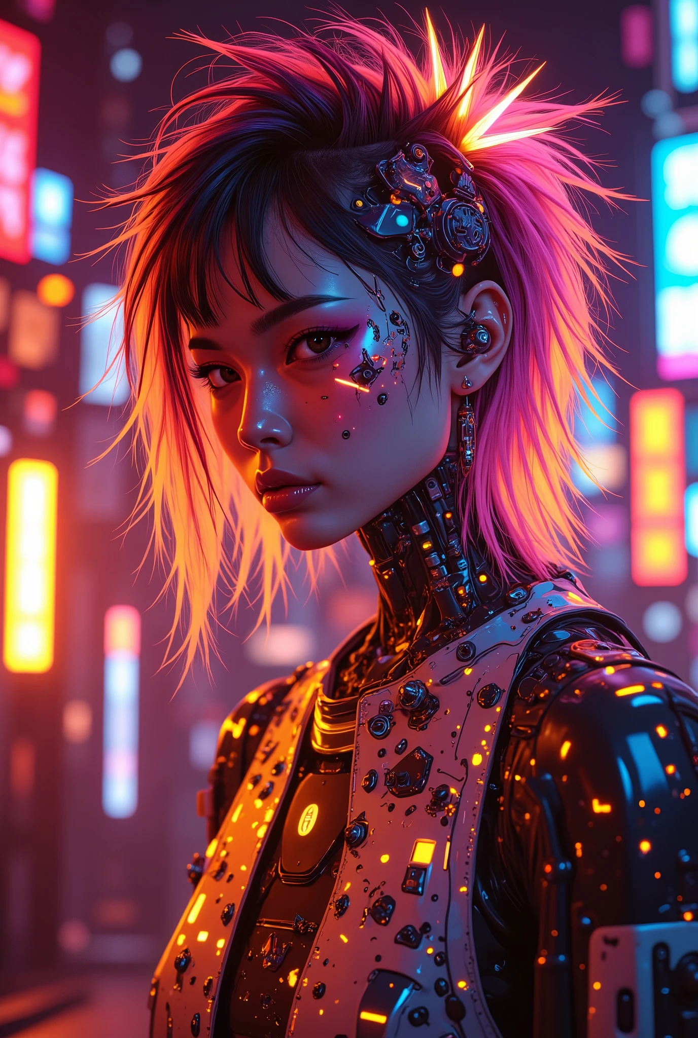 ((manga art style close up portrait) of (perfect Asian cyberpunk girl))), ((LED lights)), (((extremely weird punk hairstyle))), ((warm colours)), ((cinematic lighting)), perfect features, abstract beauty, near perfection, pure form, concept art, intricate detail, 8k post-production, High resolution, super Detail, trending on ArtStation, sharp focus, studio photos.