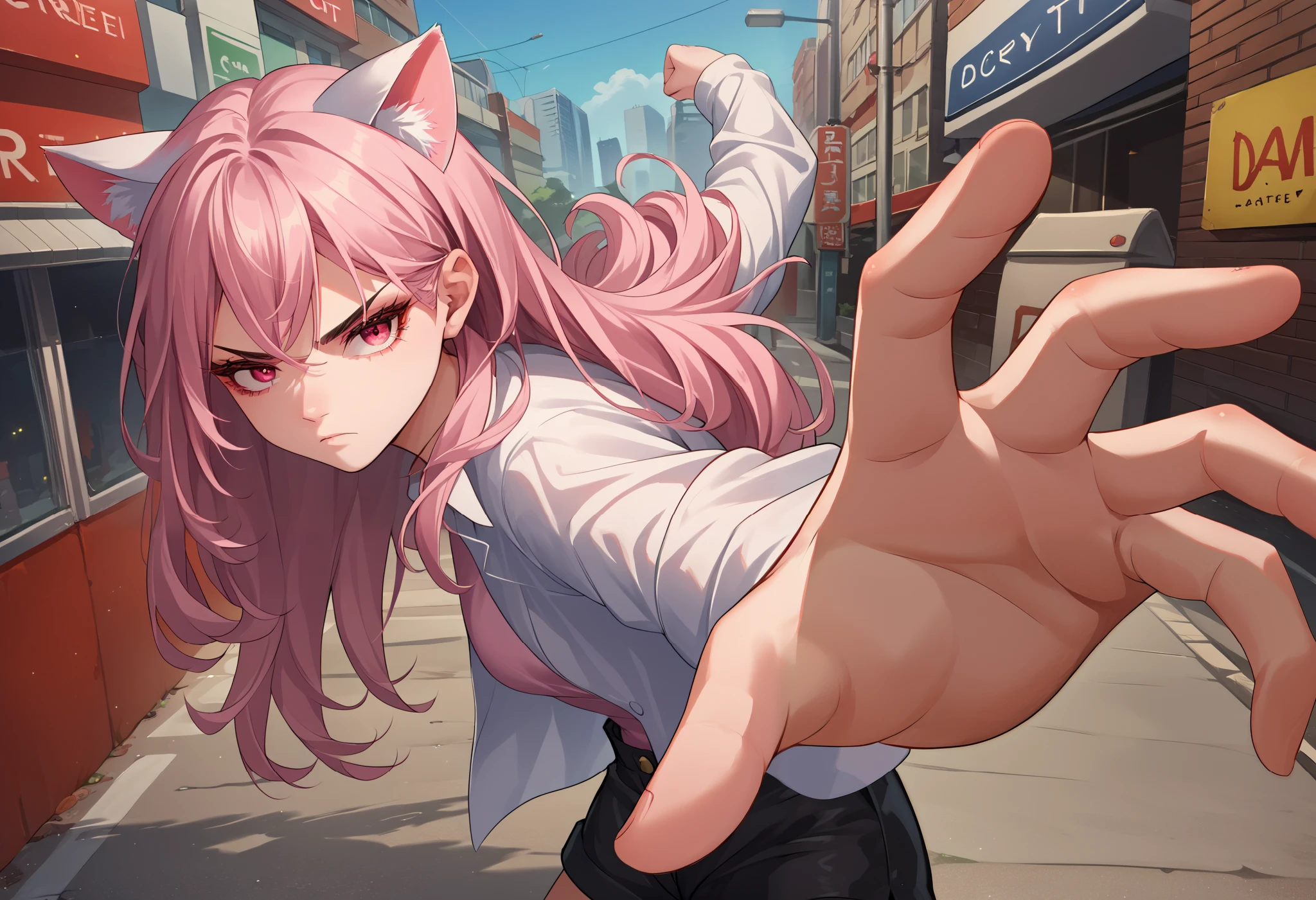 score_9, score_8_up, score_7_up, source_anime, solo, 1girl, junkotvvxl, serious, looking at viewer, IncrsPunchMeme, incoming punch, black long hair, red eyes, cat ears, pink eyes, open white shirt, long sleeves, black shorts, outdoors, city street 