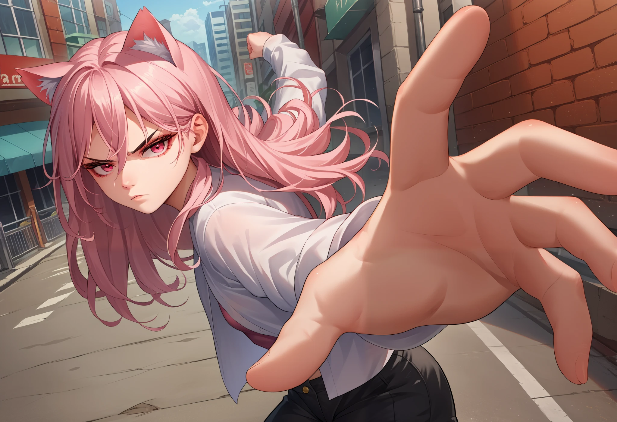 score_9, score_8_up, score_7_up, source_anime, solo, 1girl, junkotvvxl, serious, looking at viewer, IncrsPunchMeme, incoming punch, black long hair, red eyes, cat ears, pink eyes, open white shirt, long sleeves, black shorts, outdoors, city street 
