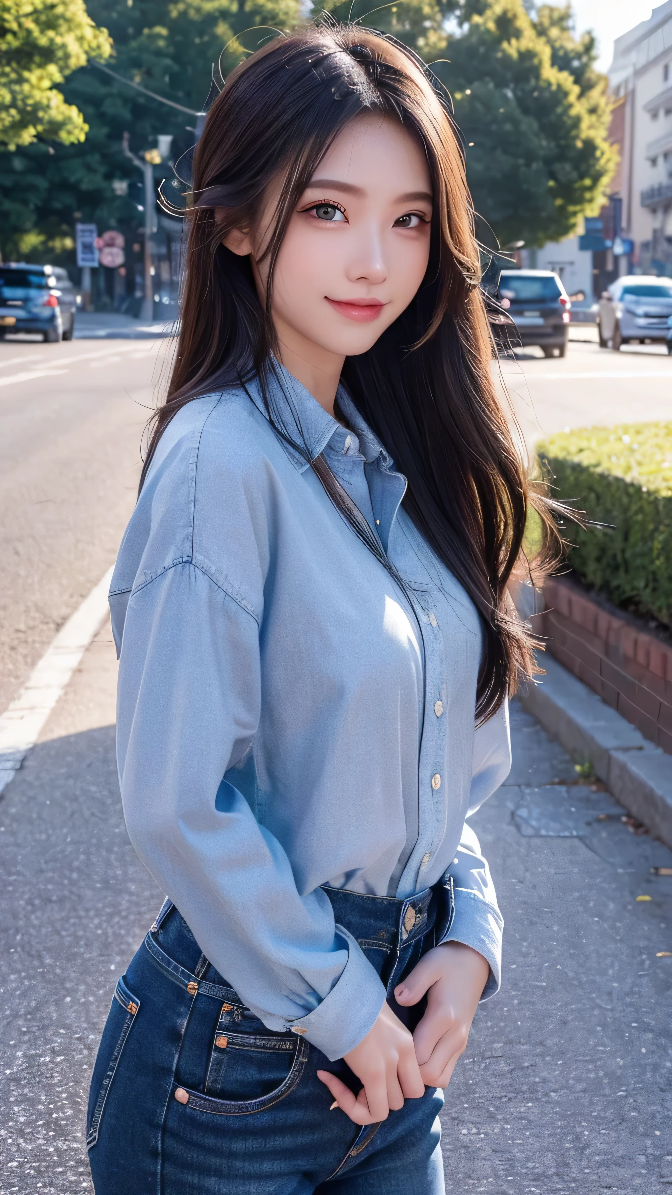 New York Seaside Road、 outdoor , (( highly detailed background )),street, jogging, standing , cowboy shooting, Yuka Gym 1 Girl, Alone, Smiling and looking at camera ,Beautiful Fingers, beautiful long legs,Beautiful body,Beautiful Nose, Perfect face,(18 years old:1.1),( Face Details ),(Navy Blue Denim ), makeup ,I tied my lips,( blue shirt with slightly big eyes),( perfect female body:1.2),( Gorgeous Detailed Skin ),( detail hair ), Masterpiece, High Quality , high resolution, ridiculous ,( beautiful and aesthetic :1.2), Beautiful hand, perfect balance, perfect eyes, Expressive Eyes , stares at viewers, A faint smile, Ray_Tracking, Intricate Details, allows depth of field, extremely delicate and 美しい,