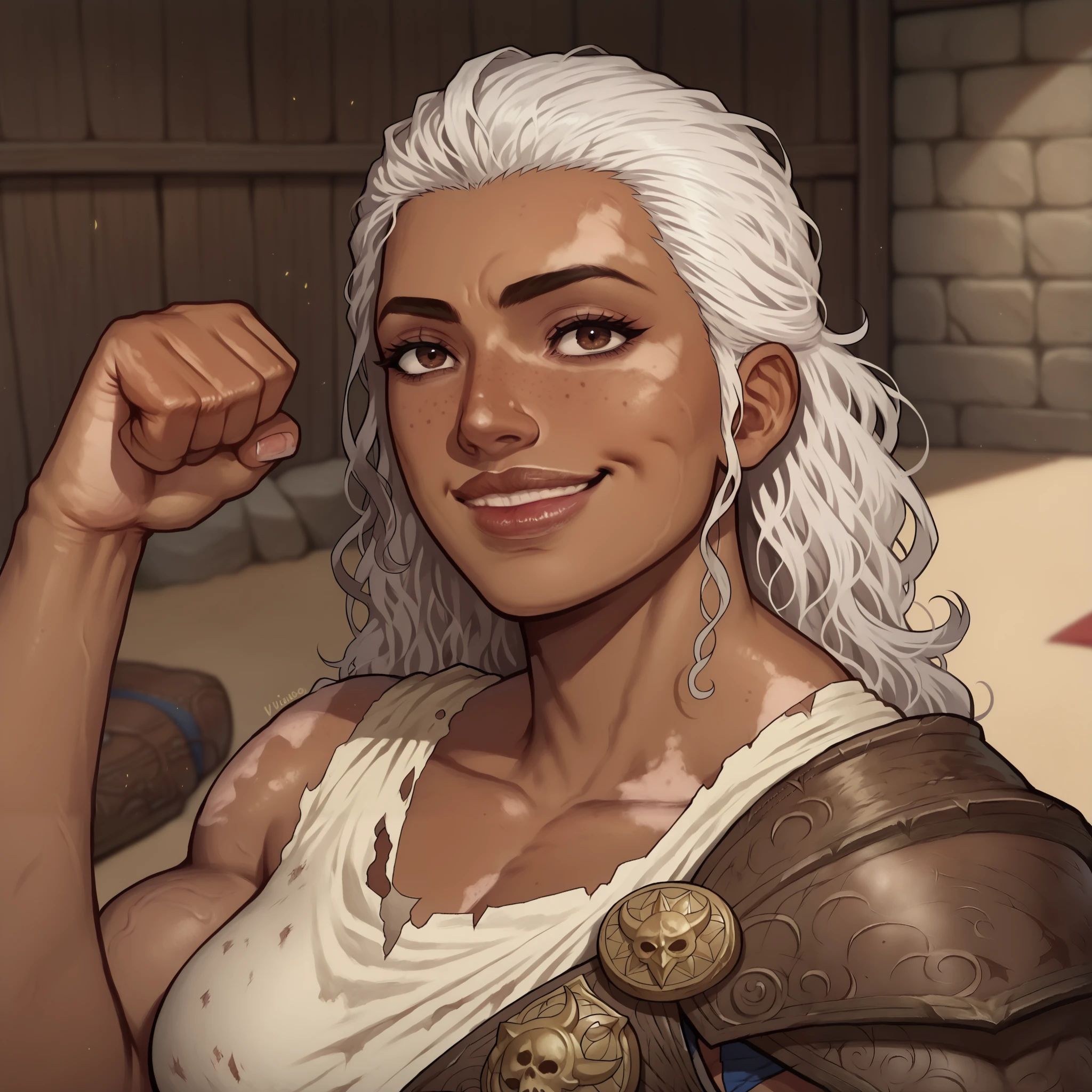 (((beautiful, high quality, comics style, detailed face))), score_9, score_8_up, score_7_up, BREAK, solo:1.6, human, 34yo woman, ((vitiligo skin, skin discoloration, body mark)) woman, brown eye, (((wide body, swoll, muscular, muscle))), (square face, high cheekbones, strong jaw line, thick lips), (flat nose, dark skin, dark-skinned), white hair, messy wavy hair, ((grim smile)), wears a brown leather armor, (fighting stance, motion lines), looking to the viewer, outdoor, fantasy, beach background, blurred background, DeepNegative_xl_v1, detailxl, zPDXL3