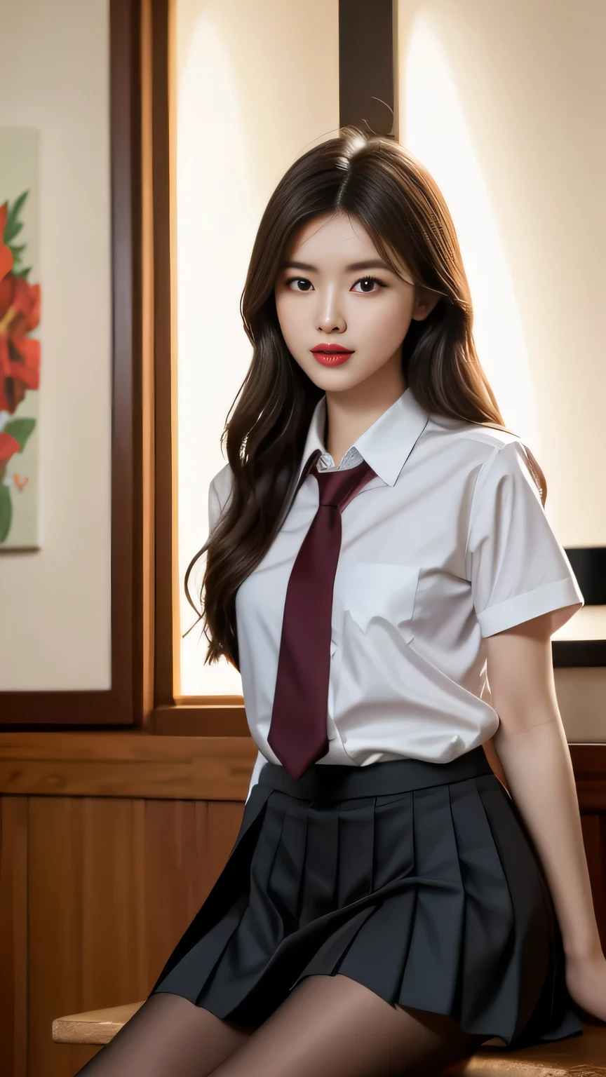 ultra Actual 8k cg, picture- the perfect face, flawless, Clean, masterpiece, Professional Work , Famous Paintings, the perfect face, beautiful face, beautiful eyes, ((perfect female body)), Unique ,( Immersive atmosphere , Light and Dark Contrast:1.5, bright light :1.2,Brilliant lighting )
,,( blush:0.5), Seductive Expressions , extremely detailed _ eyes, large, plump ,
beautifully 细节ed background,Depth of Field, Actual :1.3, Long Shot,1 Girl,shirt,Pleated Skirt, school uniforms, Sitting, whole body,
( ambient light :1.3),( cinematic composition :1.3),( neon on front:0.1),(HDR:0.1),Mood lighting, white pantyhose,