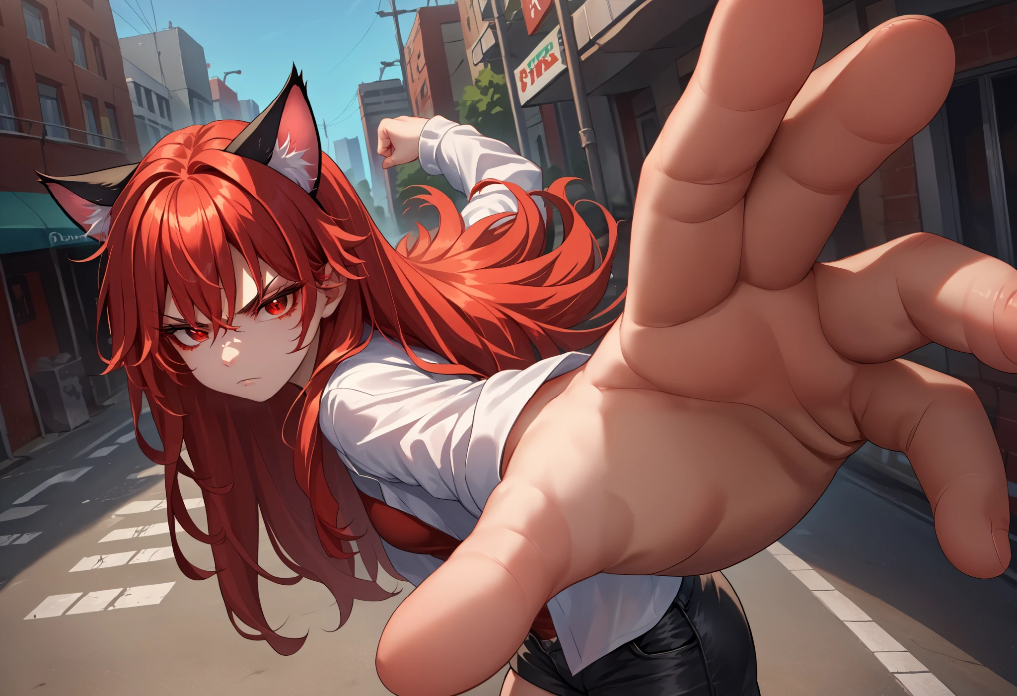 score_9, score_8_up, score_7_up, source_anime, solo, 1girl, junkotvvxl, serious, looking at viewer, IncrsPunchMeme, incoming punch, ((black long hair, red eyes, cat ears)), red eyes, open white shirt, long sleeves, black shorts, outdoors, city street