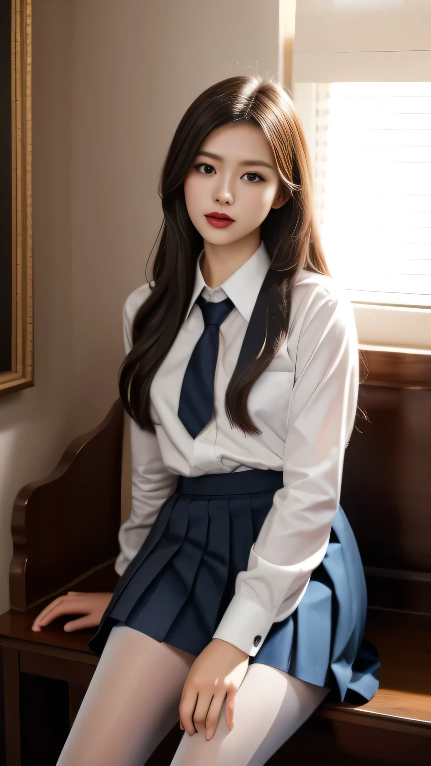 ultra Actual 8k cg, picture- the perfect face, flawless, Clean, masterpiece, Professional Work , Famous Paintings, the perfect face, beautiful face, beautiful eyes, ((perfect female body)), Unique ,( Immersive atmosphere , Light and Dark Contrast:1.5, bright light :1.2,Brilliant lighting )
,,( blush:0.5), Seductive Expressions , extremely detailed _ eyes, large, plump ,
beautifully 细节ed background,Depth of Field, Actual :1.3, Long Shot,1 Girl,shirt,Pleated Skirt, school uniforms, Sitting, whole body,
( ambient light :1.3),( cinematic composition :1.3),( neon on front:0.1),(HDR:0.1),Mood lighting, white pantyhose,