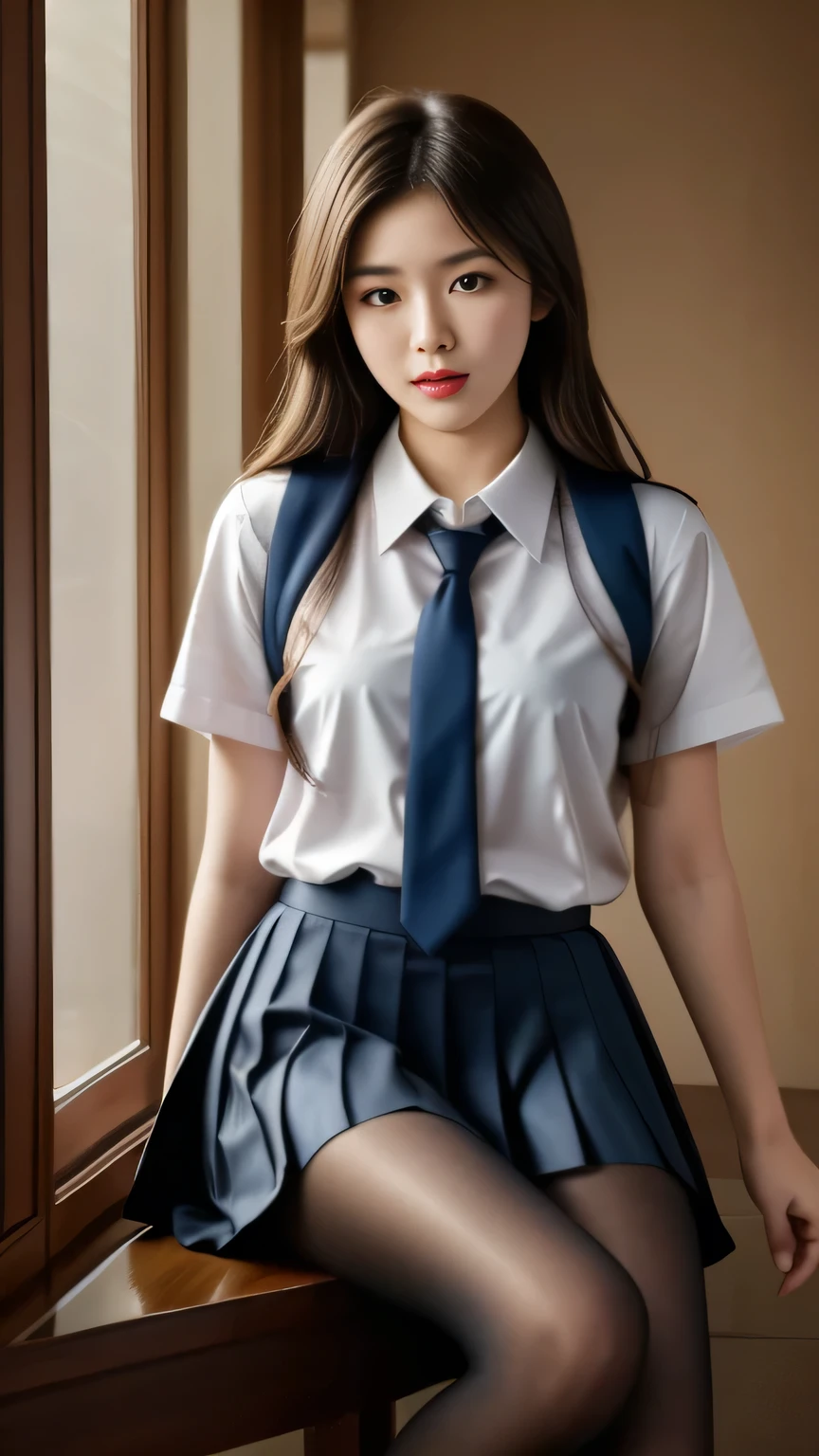 ((long hair))、Ulchan-6500-v1.1, (RAW photo:1.2), (realistic:1.4), beautiful detailed girl, very detailed eyes and face, beautiful and detailed eyes, that&#39;ridiculous, 信じられないほどridiculous., huge file size, very detailed, High resolution, very detailed, highest quality,  ((japanese girl&#39; high school uniform)), shape, very detailed, bop, integration, 8k wallpaper, wonderful, small details, table top, highest quality, very detailedYTDユニフォーム8k壁紙, light shines on your face, cinematic lighting, 1 girl, , ((dynamic pose))), (standing posture), (pubic hair)