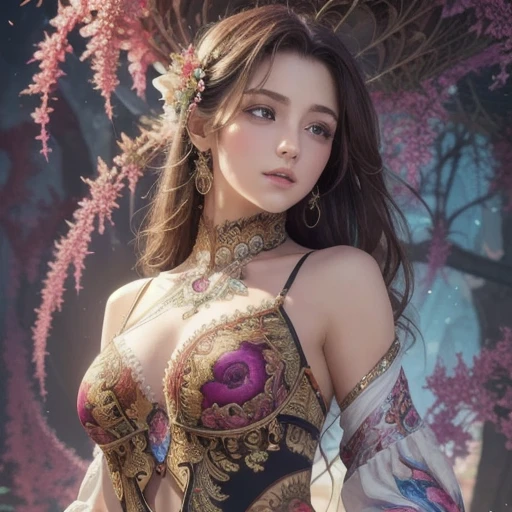 masterpiece, hyper detail, intricate details, beautiful detailed, colourful, highres, best quality, detailed background, intricate background,
1girl, solo, long hair, breasts, looking at viewer, large breasts, (shiny skin:1.3), (disheveled hair:1.2), full body, covered, lips, makeup, (pasties:1.2),
bodysuit, feet out of frame,
outdoors, evening,