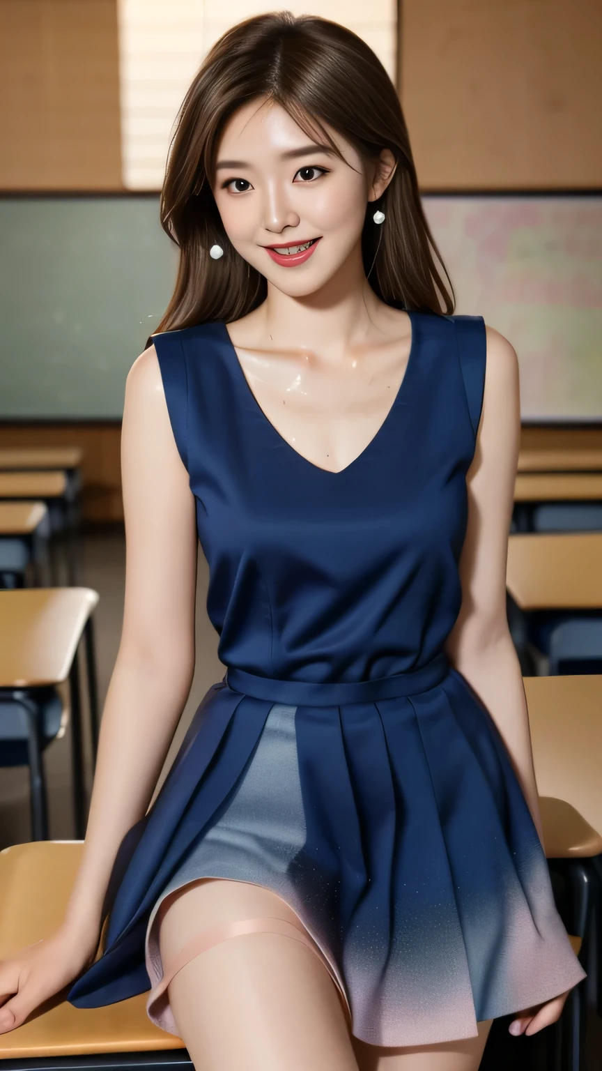 ((Beautiful Japanese girl :1.3)) ((school uniforms:1.4)) ((Panty Shots :1.5)) ((high school)),(( Dark Blue Dress :1.3)) (( in the classroom:1.3)) ((thin_Fabric:1.4)) (( random sexy pose :1.3)) ((Sweating:1.5))((Rosy face :1.4)) ((Big :1.4)) (( close up:1.2)) best quality, masterpiece, ultra-high resolution ,( Realistic Photos:1.4), original photo,(Real texture :1.3),( Movie Particles :1.3),panoramic, character portrait , Very wide lens,Narrow waist, open source,( in the dark , Deep Shadows, Low profile, Cold Light,) night,(()),Tears flowing,,dust, Tyndell Effect ,( expressions),1 Girl, Feminine and confident posture ,White collar, brown eyes,(( brown hair :1.2)) ((whole body:1.3)) (( Smile:1.3))