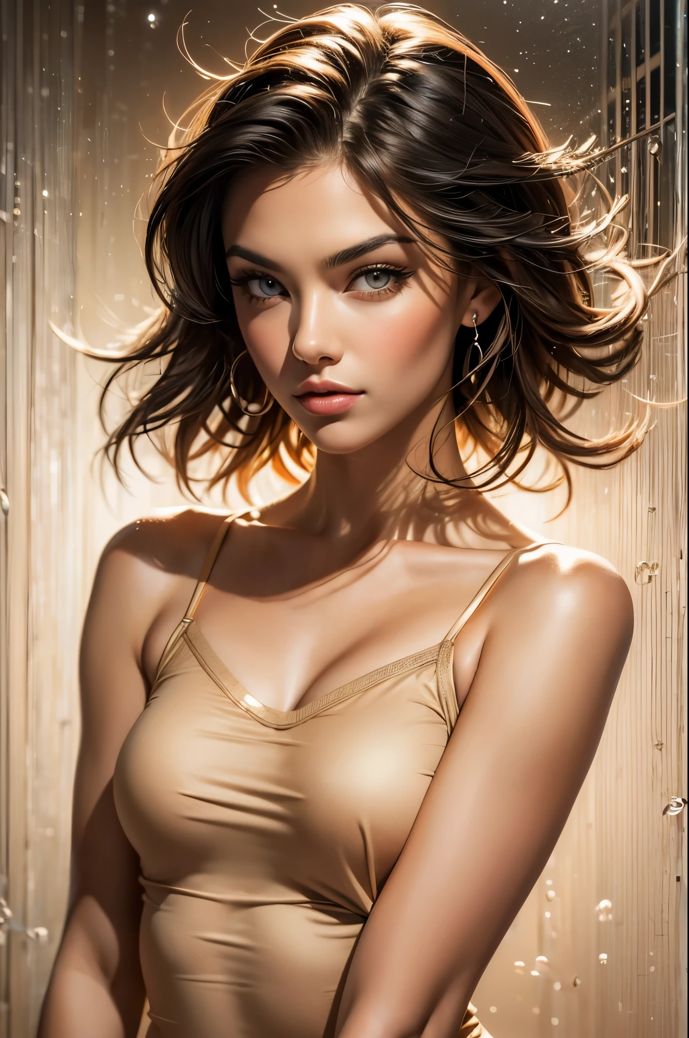 ((short red camisole)) ,splash modern art background ,Reveals skin tone,relax Pose,smoky eyes, colored pencil drawing ,draft