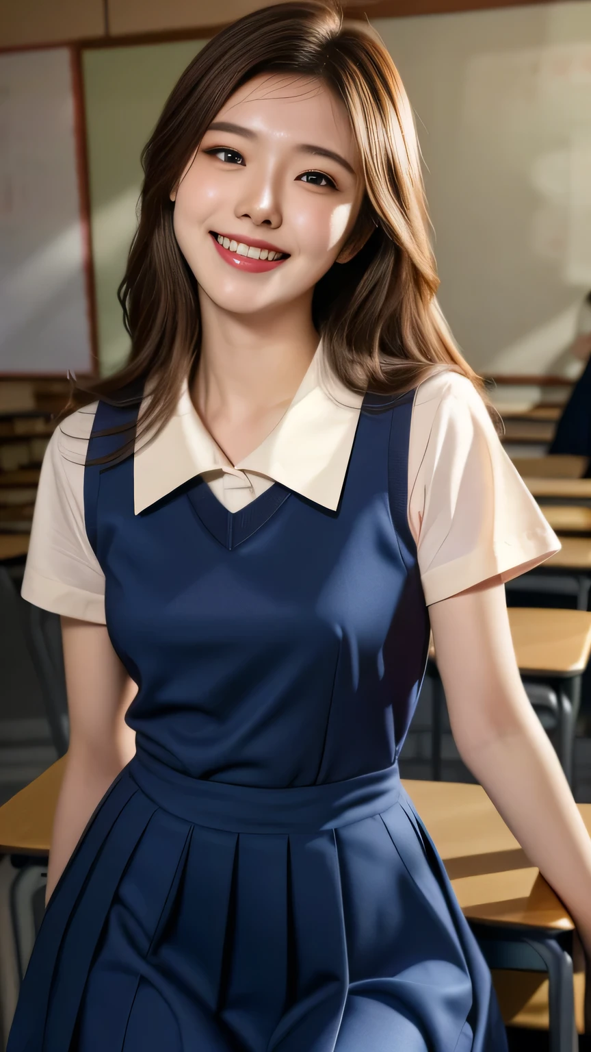 ((Beautiful Japanese girl :1.3)) ((school uniforms:1.4)) ((Panty Shots :1.5)) ((high school)),(( Dark Blue Dress :1.3)) (( in the classroom:1.3)) ((thin_Fabric:1.4)) (( random sexy pose :1.3)) ((Sweating:1.5))((Rosy face :1.4)) ((Big :1.4)) (( close up:1.2)) best quality, masterpiece, ultra-high resolution ,( Realistic Photos:1.4), original photo,(Real texture :1.3),( Movie Particles :1.3),panoramic, character portrait , Very wide lens,Narrow waist, open source,( in the dark , Deep Shadows, Low profile, Cold Light,) night,(()),Tears flowing,,dust, Tyndell Effect ,( expressions),1 Girl, Feminine and confident posture ,White collar, brown eyes,(( brown hair :1.2)) ((whole body:1.3)) (( Smile:1.3))
