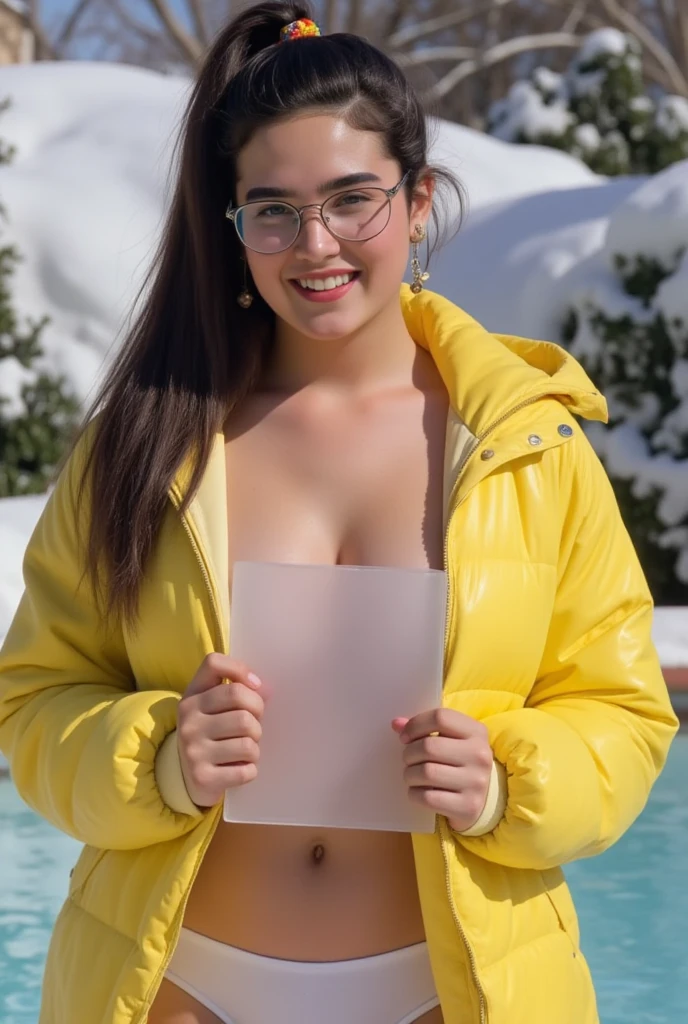fotografia de uma mulher de 30yo (three women), rosto perfeito, master part, Nude, rosa_nude, blue color suit jacket, red flowery hijab, rosa_nude, molhada, ful body image, standing, open leg, at pool, wet body, round face, smiling, small glasses, round face, hairy pussy