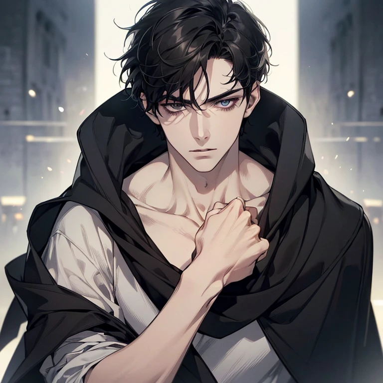 Create a close-up anime image of a yandere guy, (in profile:1.2). He has long, disheveled black hair, large, sparkling eyes filled with a crazy light, pupils slightly constricted. He is dressed in classic Japanese clothing, a white shirt that has a few bloodstains on it. He has a dangerously tantalizing figure. He holds a bloody knife in his hand, his face has a creepy and maniacal smile on it, his mouth unnaturally wide and curved. In the background is a dimly lit torture room with bloodstains and graffiti on the walls. Broken books and shards of glass lie on the floor, creating an ominous and frightening atmosphere. He should seem possessed to the viewer, his eyes should be fixed on him with an expression of dangerous devotion and possessiveness. The image should be highly detailed, a masterpiece with excellent lighting and the best quality.