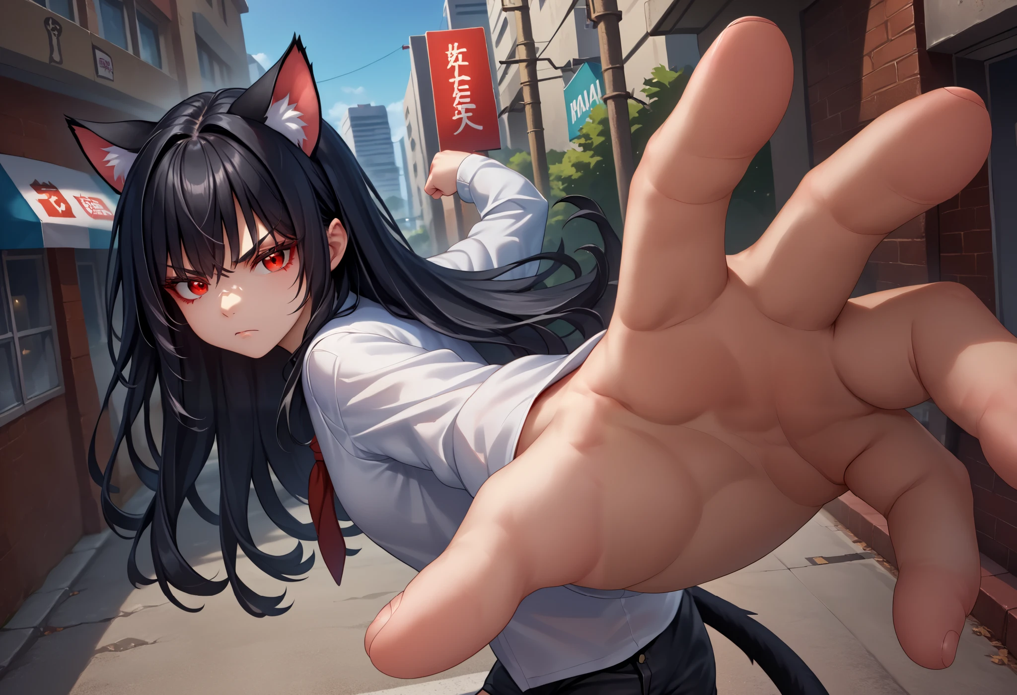 score_9, score_8_up, score_7_up, source_anime, solo, 1girl, junkotvvxl, serious, looking at viewer, IncrsPunchMeme, incoming punch, ((black long hair, red eyes, cat ears)), red eyes, (black hair), open white shirt, long sleeves, black shorts, outdoors, city street