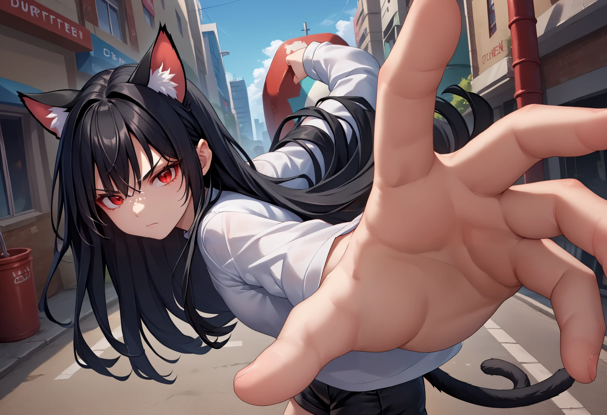 score_9, score_8_up, score_7_up, source_anime, solo, 1girl, junkotvvxl, serious, looking at viewer, IncrsPunchMeme, incoming punch, ((black long hair, red eyes, cat ears)), red eyes, (black hair), open white shirt, long sleeves, black shorts, outdoors, city street 