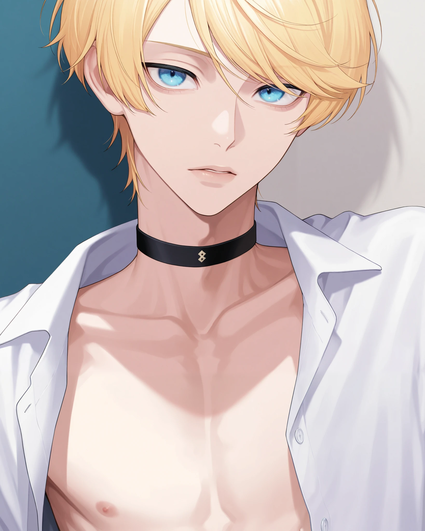 1 boy,Beautiful,12 years, skinny and cute, perfect face, HD face, ultra detailed face, short hair, blonde hair, dirty hair, a vampire,ultra detailed, Ultra HD, shirtless,shy in lowered shorts, full length, with collar