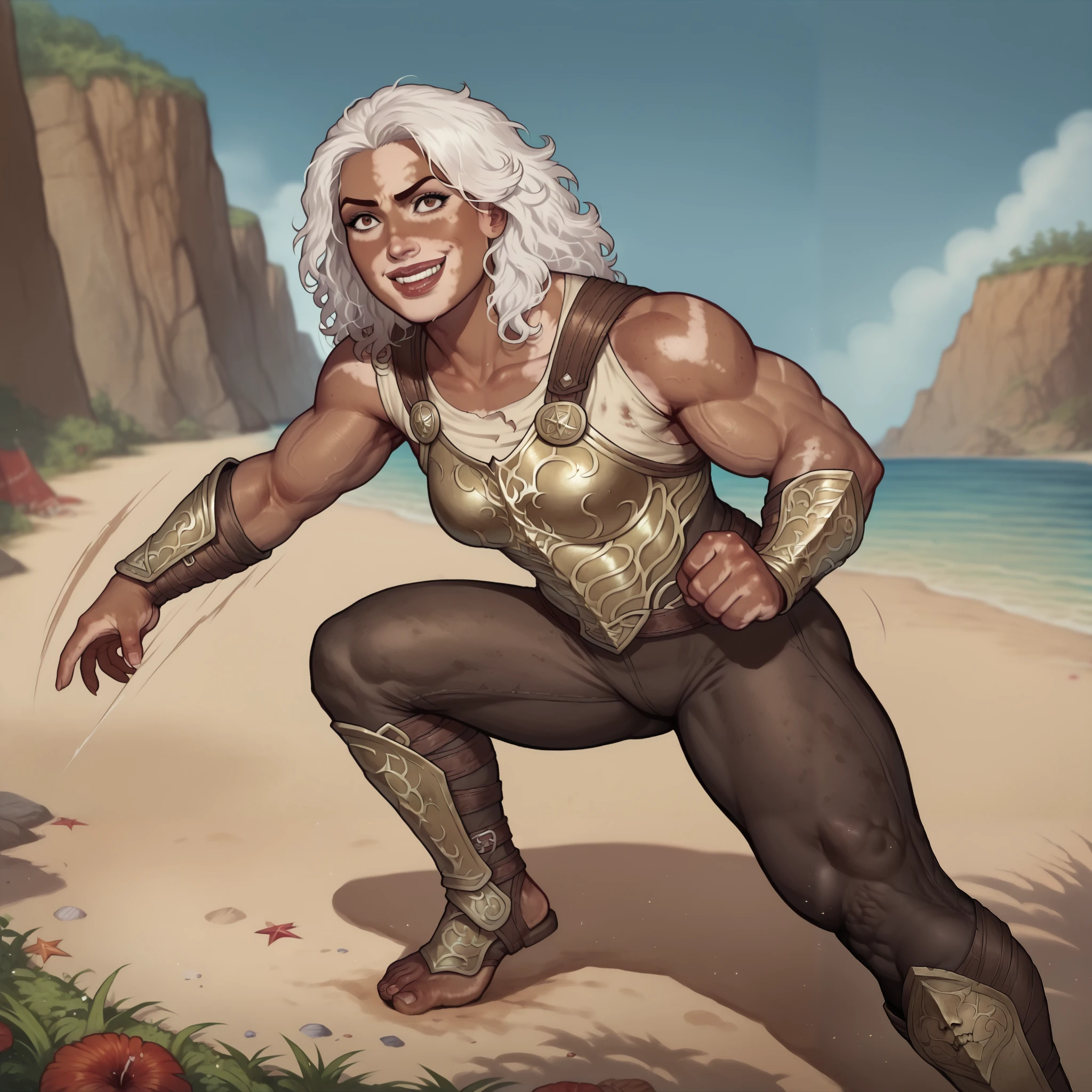 (((beautiful, high quality, comics style, detailed face))), score_9, score_8_up, score_7_up, BREAK, solo:1.6, human, 34yo woman, ((vitiligo skin, skin discoloration, body mark)) woman, brown eye, (((wide body, swoll, muscular, muscle))), (square face, high cheekbones, strong jaw line, thick lips), (flat nose, dark skin, dark-skinned), white hair, messy wavy hair, ((grim smile, teeth)), wears a brown leather armor, (fighting stance, motion lines), looking to the viewer, outdoor, fantasy, beach background, blurred background, DeepNegative_xl_v1, detailxl, zPDXL3