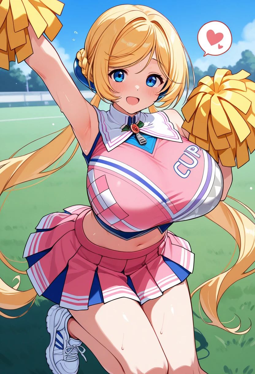 ((1 girl)), solo, umamusume, standing,embarrassed, blush, steam, ((masterpiece)), (best quality), (absurdres), (ultra detailed), (very aesthetic), sweat, nsfw, big breasts, perspired, heavy breath, cheerleader, pom pom (cheerleading), pleated skirt, (vibrator in thigh strap, vibrator in pantie, (thigh strap), pussy juice, thighvibe), (((vibrator cord, cord inside pantie))), 