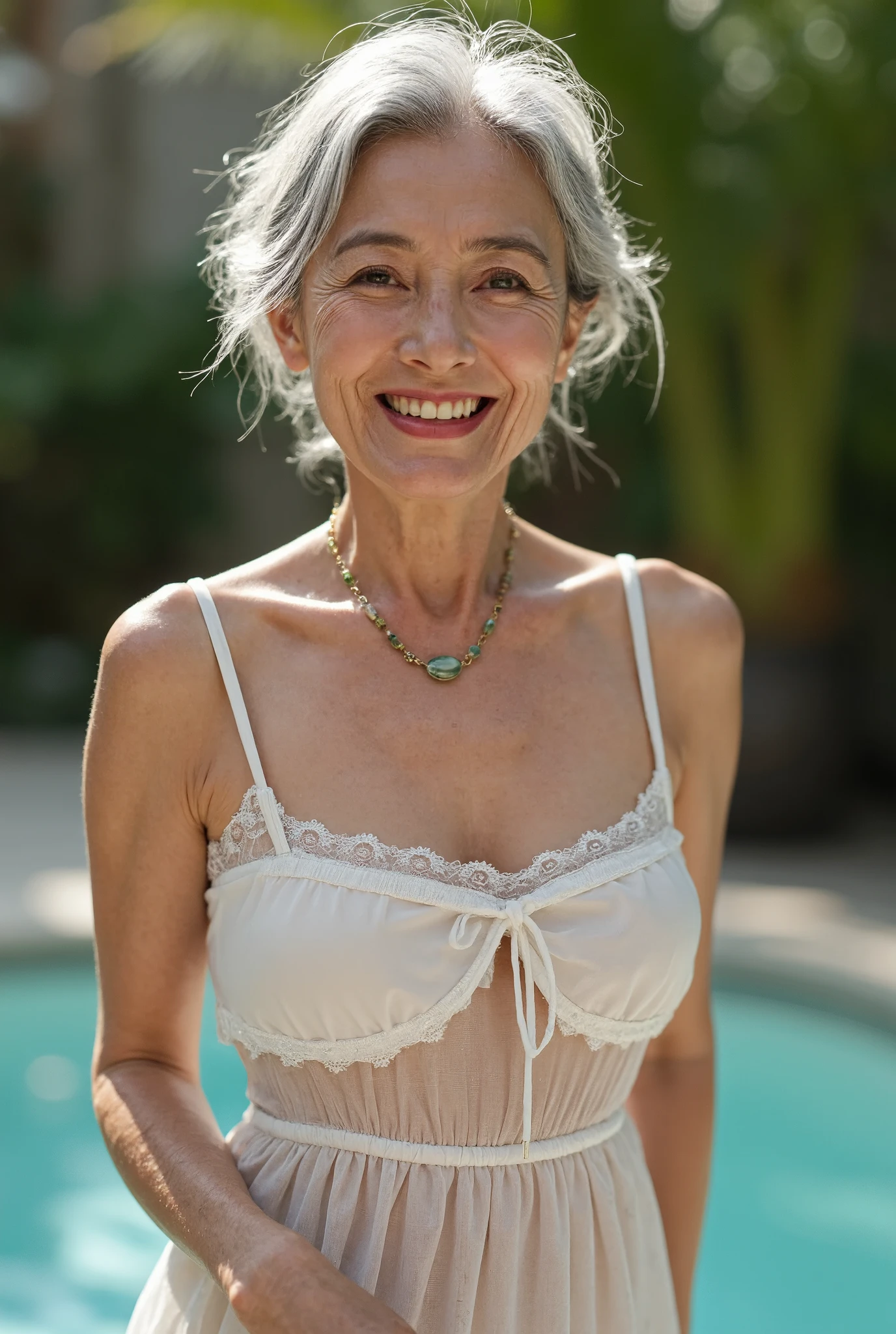  Photorealistic 、 full body image 、10 beautiful old women who are good friends 、70 years old、 Japanese、Beautiful old woman、Charismatic Old Prostitute 、 with a thin and poor body、 damaged gray hair 、Heavy makeup、 small wrinkles and freckles and moles on the skin 、Wedding Rings、Happy smile、I'm wearing a small, obscene mini nightgown in pure white、 high pin heel 、They stand together in front of a jacuzzi in a beautiful luxury brothel illuminated by the dazzling sun、 looking at the camera