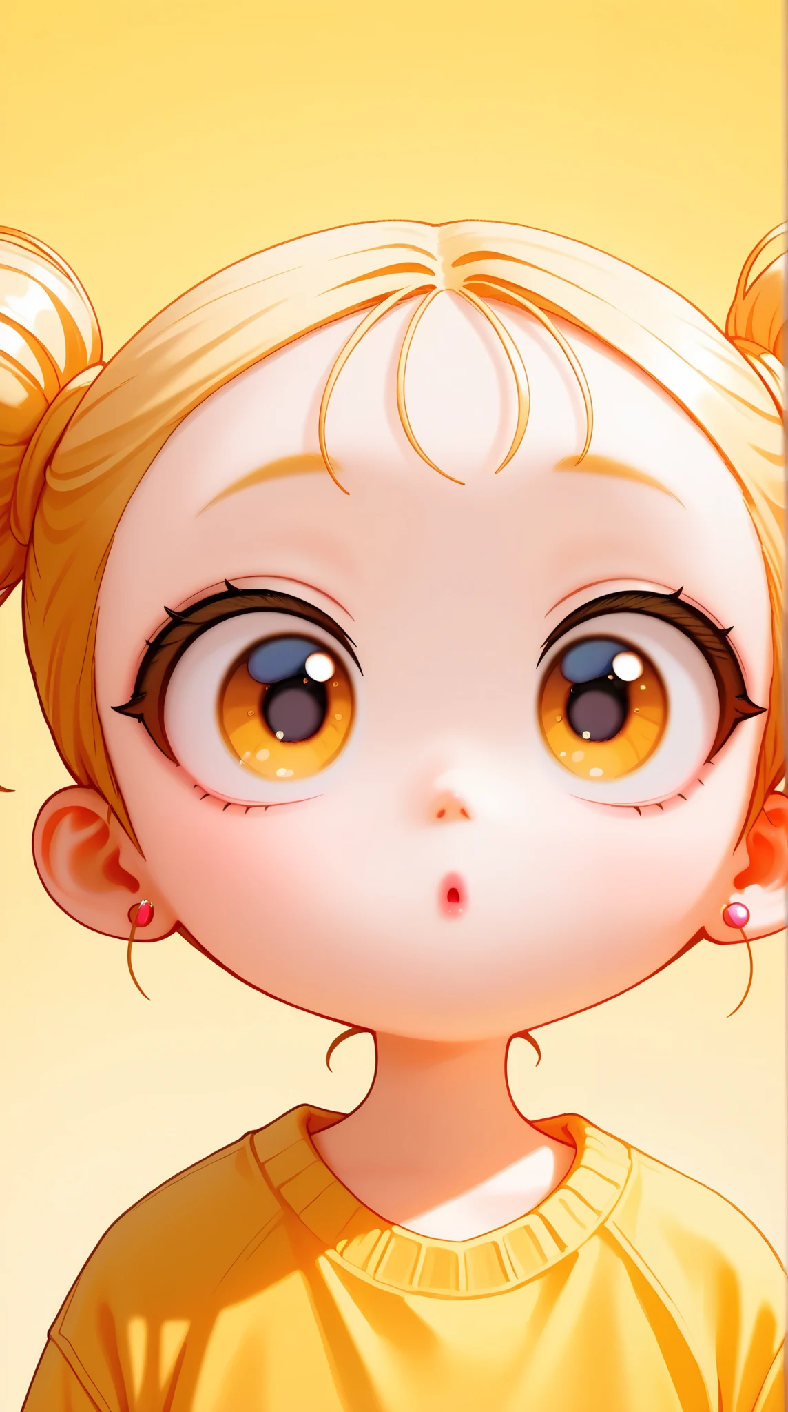 cartoonish character design, young korean girl, big eyes, cute expression, hairbuns, bright yellow loose sweater,portrait,interesting,clean lines,