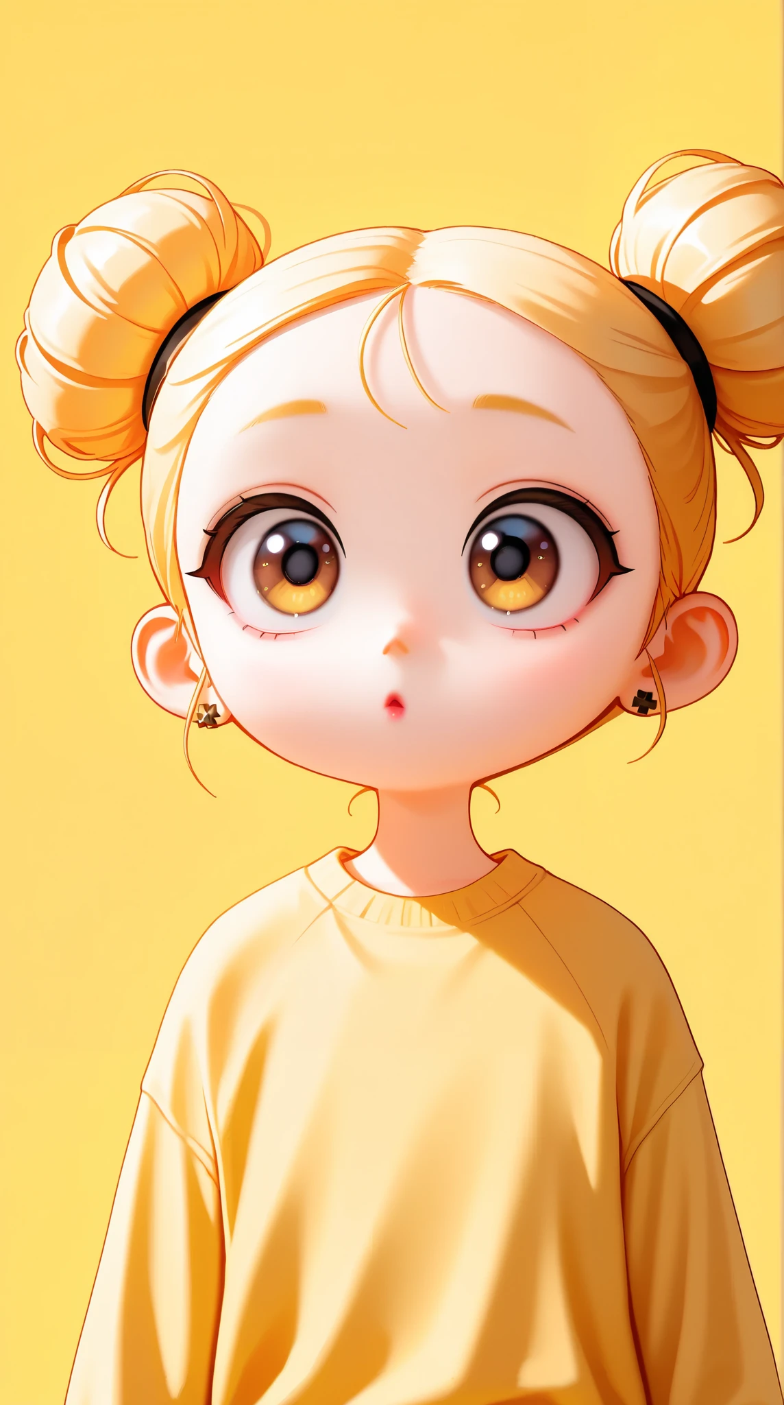 cartoonish character design, young korean girl, big eyes, cute expression, hairbuns, bright yellow loose sweater,portrait,interesting,clean lines,