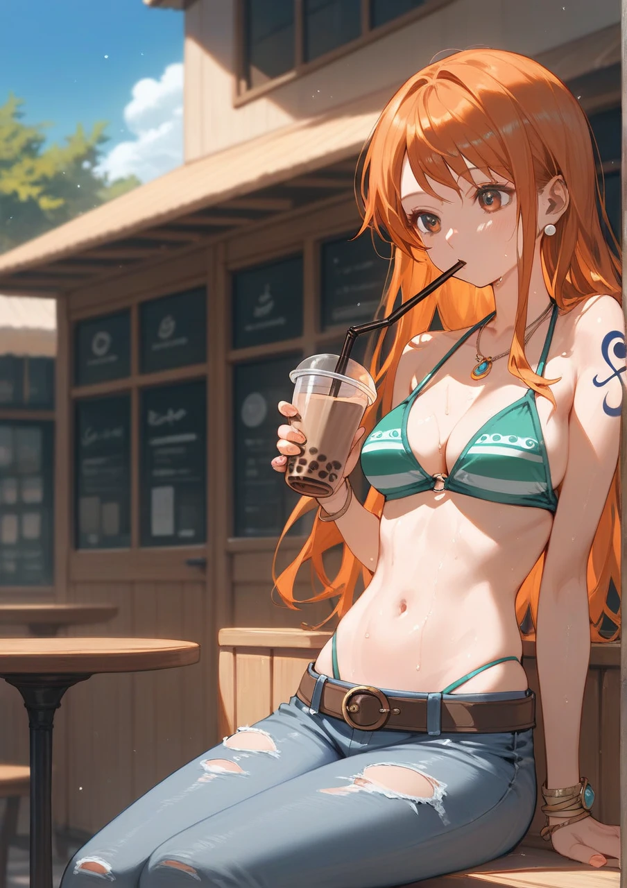 nsfw, masterpiece, 1 girl, intricately detailed, navel, necklace, orange hair, jogging pants, smiling, extremely detailed, photorealistic, octane render, 8 k, unreal engine., bare breasts, bare stomach, sweaty, wet body, beautiful face, small breasts, petite body, child, flat chest, silence suzuka \(umamusume\), jogging, park, horse ear, horse tail, bare shoulders, microbikini, holding water bottle