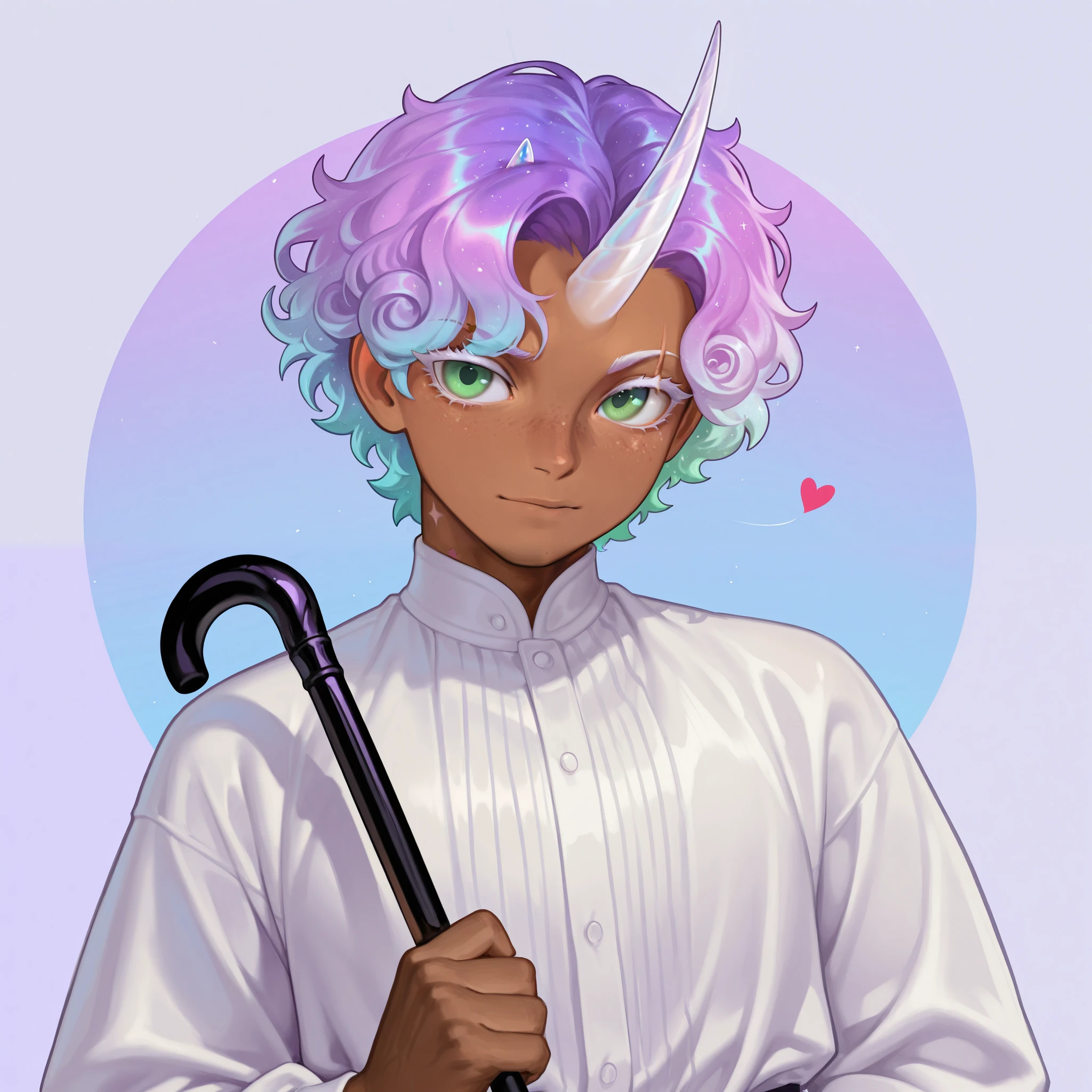 he had short length curly white iridescent hair, a white unicorn horn, green eyes with flecks of purple, brown skin, freckles, thick white lashes, a birthmark in the shape of a heart above his eyebrow, masculine clothes, masculine, 1800’s clothes, cane.