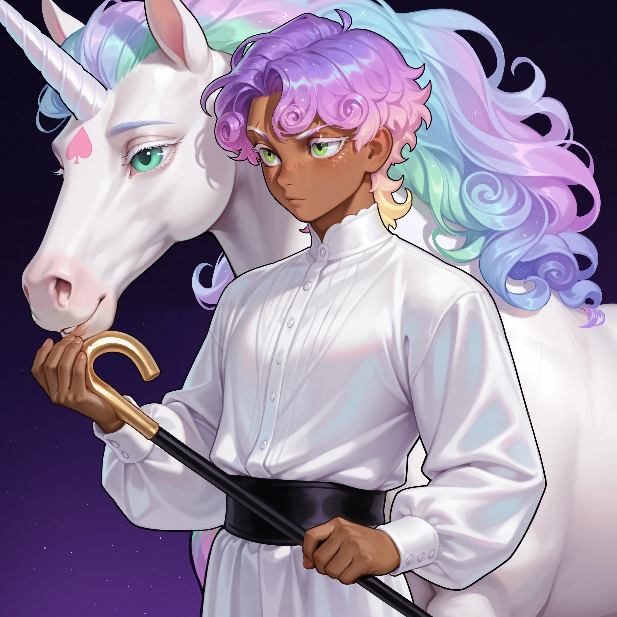 he had short length curly white iridescent hair, a white unicorn horn, green eyes with flecks of purple, brown skin, freckles, thick white lashes, a birthmark in the shape of a heart above his eyebrow, masculine clothes, masculine, 1800’s clothes, cane.