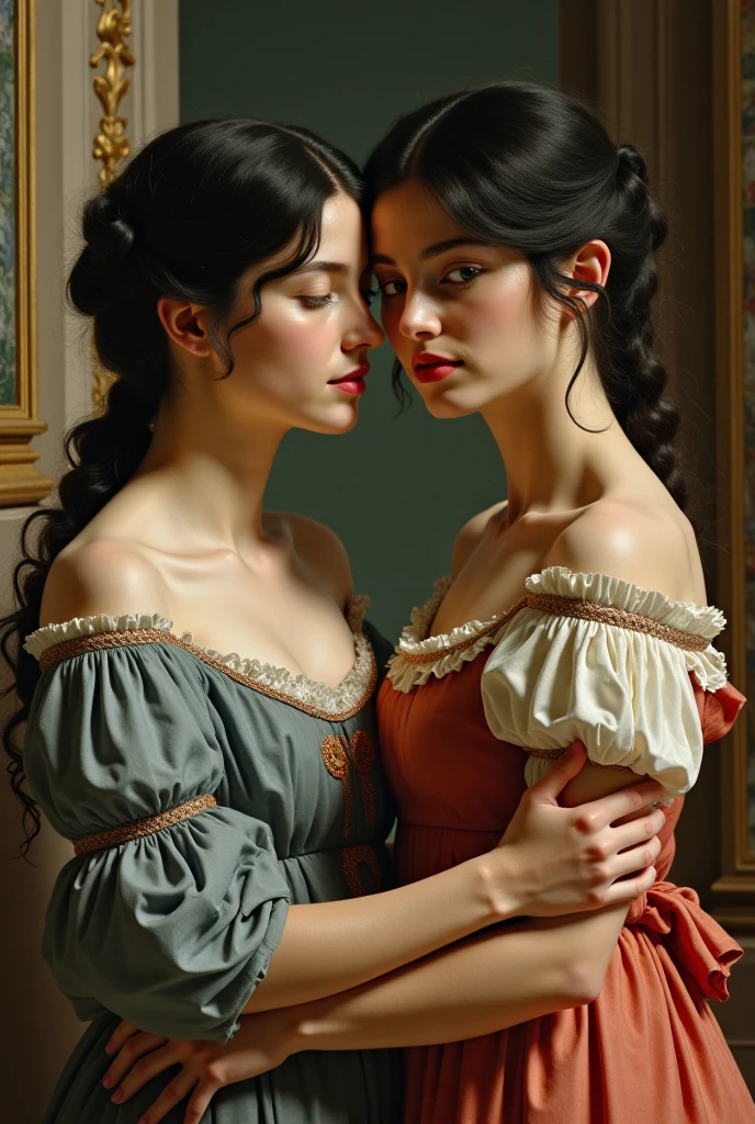 Generate a woman caring for a sick person Girls Black hair , Baroque style Two girls , one woman is sick, the other is looking after her
