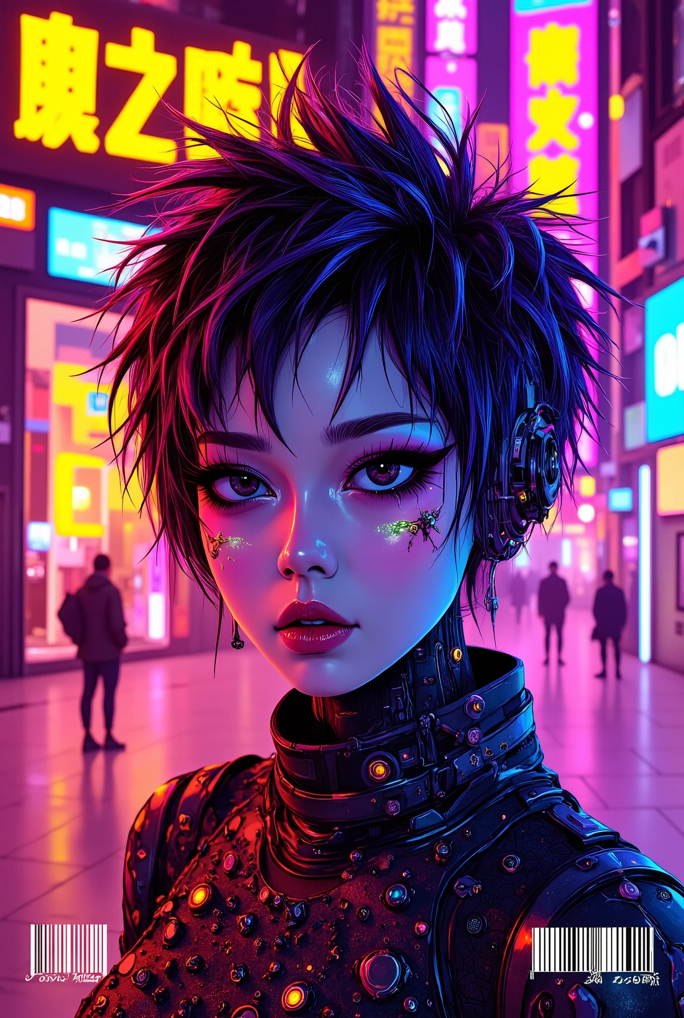 ((manga magazine cover close up portrait) of (perfect Asian cyberpunk girl)), ((magazine cover with Japanese text)), ,((Japanese banner headline text)), ((LED lights)), (((extremely weird punk hairstyle))), ((warm colours)), ((cinematic lighting)), perfect features, abstract beauty, near perfection, pure form, trending on ArtStation, sharp focus, studio photos, barcode.