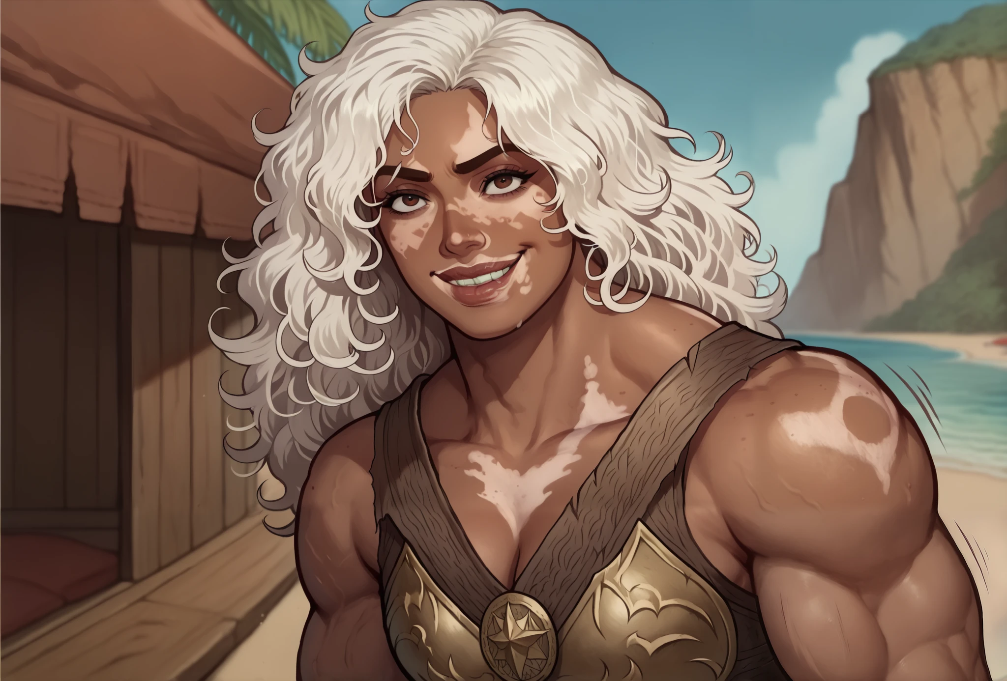 (((beautiful, high quality, comics style, detailed face))), score_9, score_8_up, score_7_up, BREAK, solo:1.6, human, 34yo woman, ((vitiligo skin, skin discoloration, body mark)) woman, brown eye, (((wide body, swoll, muscular, muscle))), (square face, high cheekbones, strong jaw line, thick lips), (flat nose, dark skin, dark-skinned), white hair, messy wavy hair, ((grim smile, teeth)), wears a brown leather armor, (fighting stance, motion lines), looking to the viewer, outdoor, fantasy, beach background, blurred background, DeepNegative_xl_v1, detailxl, zPDXL3