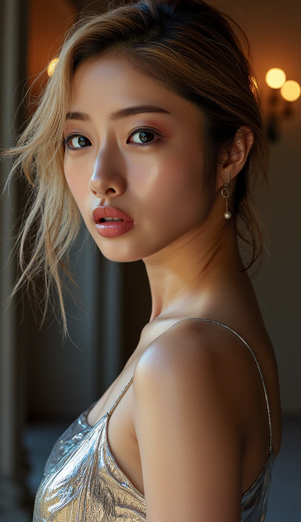 (8K),tmasterpiece,best qarity,extremely highly detailed,Cinematography,A woman in a light blue dress in the middle of the picture,((The breasts are extremely full)),((The nipple marks on the clothes on the chest are very prominent)),beautiy Japanese woman,Dinamic Light