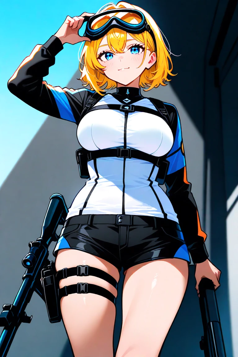 1girl, medium breasts, (leotard, highleg leotard, light blue leotard), (lighting bolt emblem on chest), bare legs, (tight belt), boots, matching boots, gloves, city backdrop, solo, single, hands on hip, standing, full body shot, cowboy shot, superhero, beautiful detailed eyes, power, diffraction spikes, blonde hair, short hair, wavy hair, high school backdrop, outdoors, mature lady, teacher